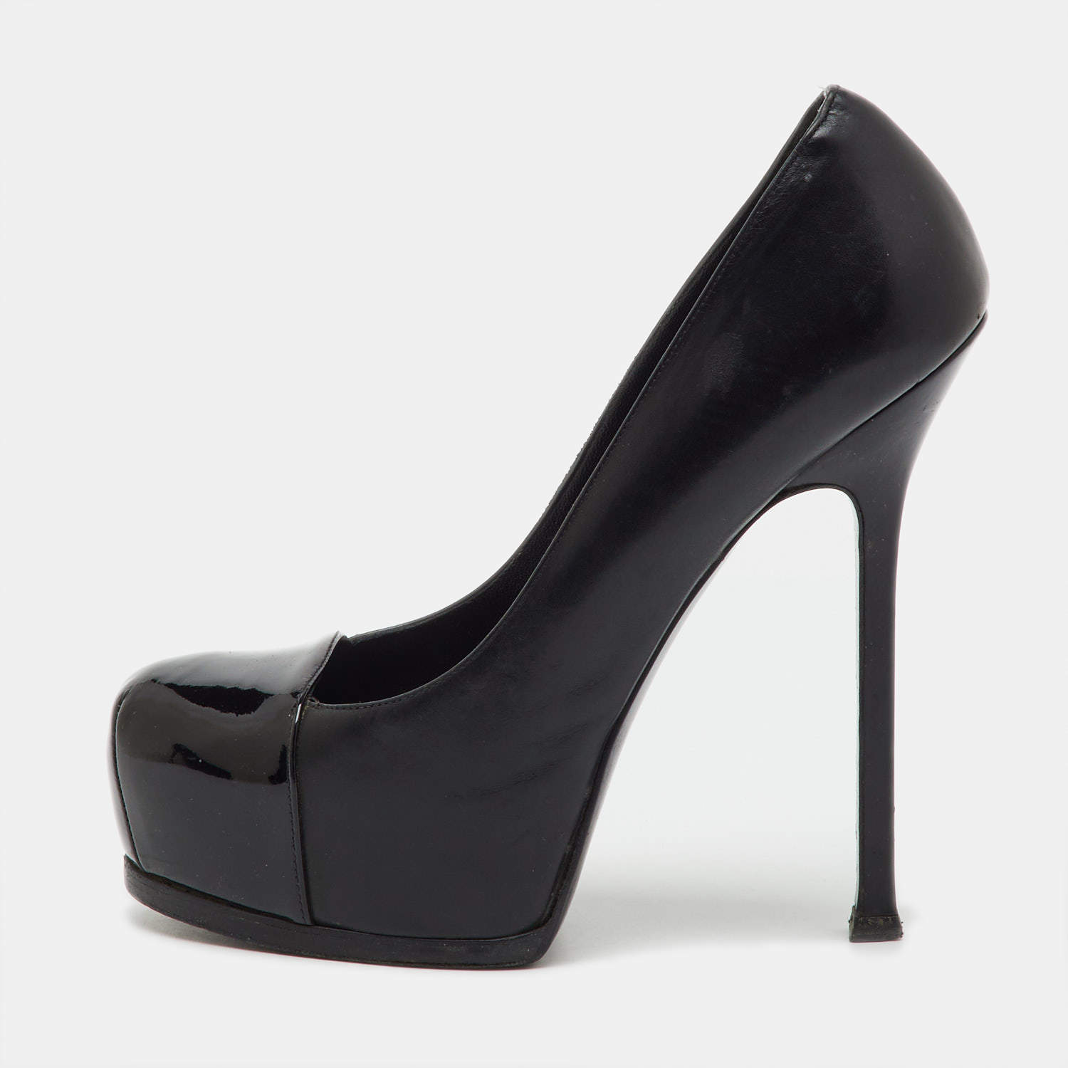 Pre Owned Saint Laurent Black Leather and Patent Leather Cap Toe Tribtoo Platform Pumps Size 38