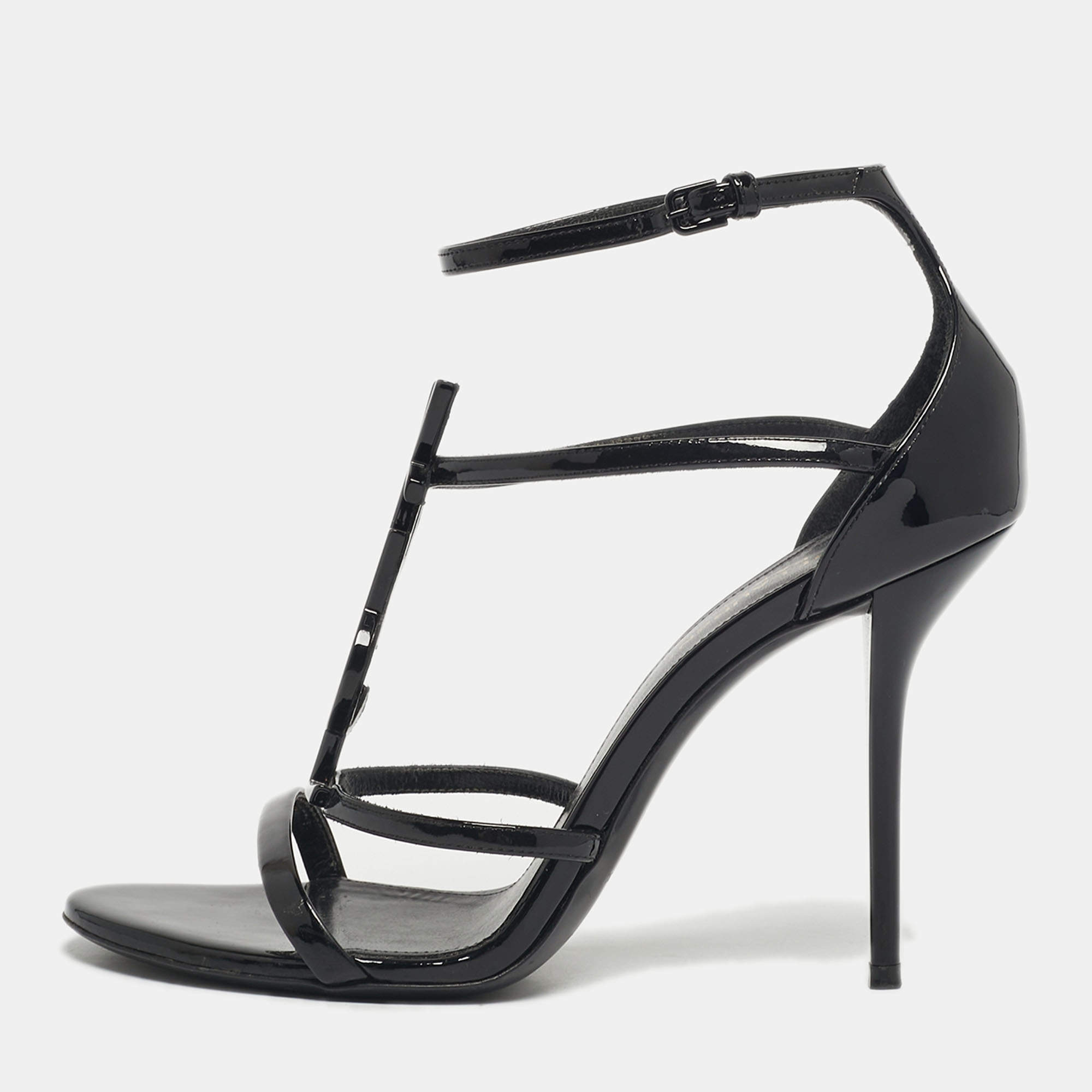 مملوكة مسبقًا Saint Laurent Black Leather Cassandra Ankle Strap Sandals Size 38