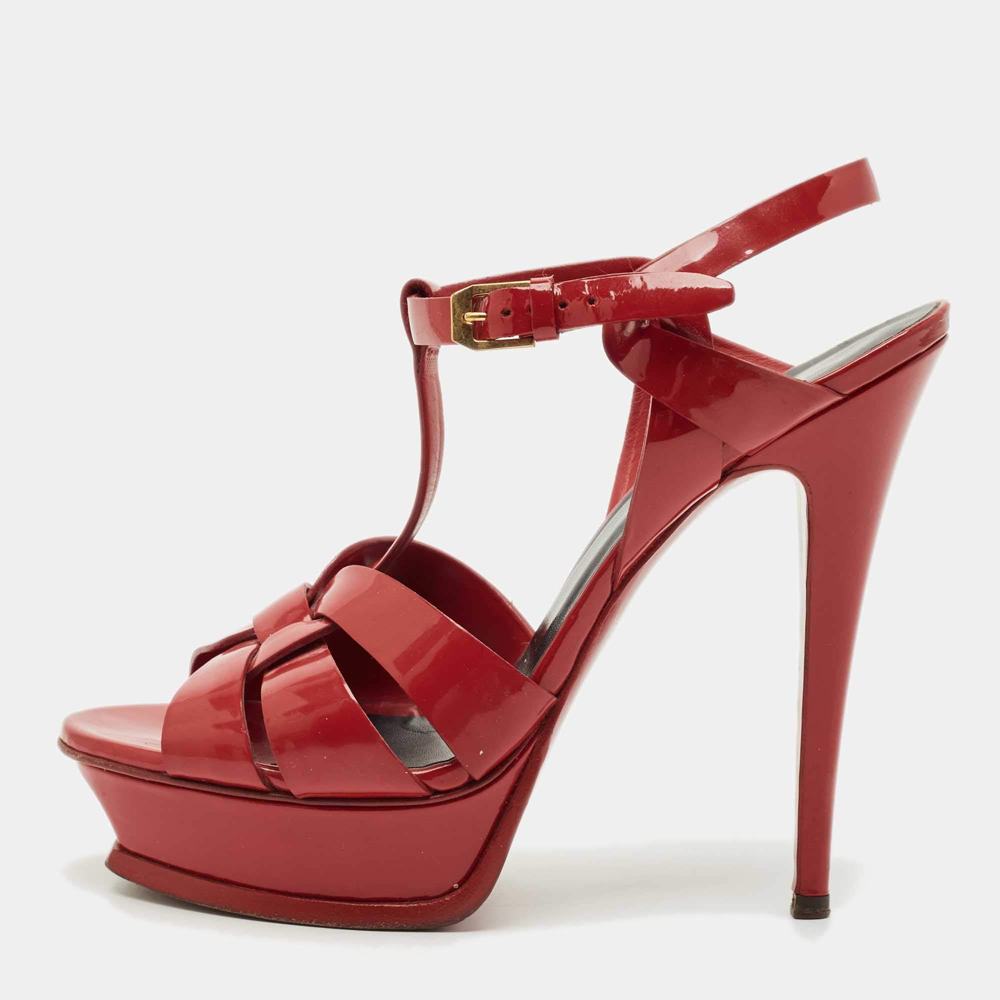 Pre Owned Saint Laurent  Red Patent Leather Tribute Platform Sandals Size 39