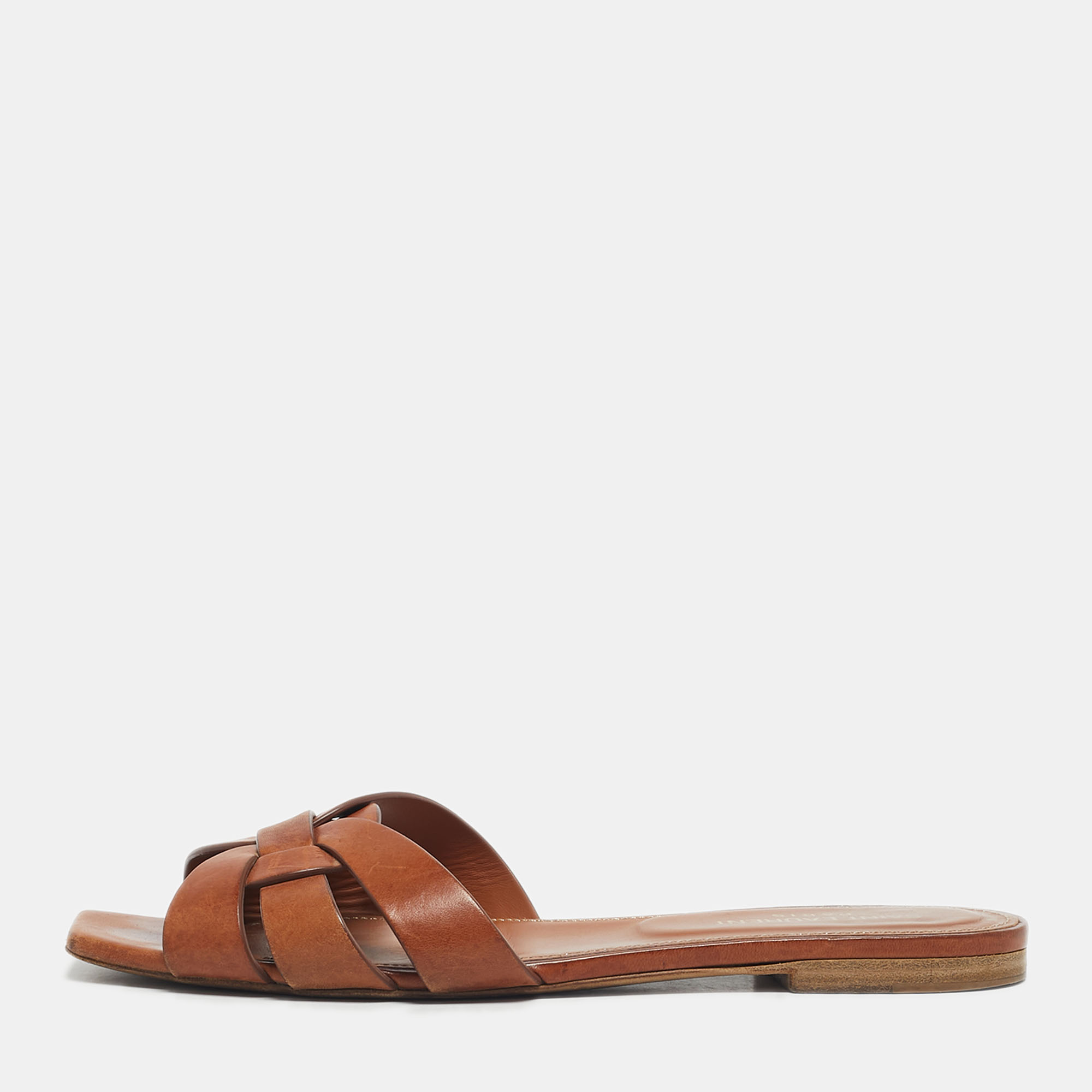 Pre Owned Saint Laurent Brown Leather Tribute Flat Slides Size 38.5