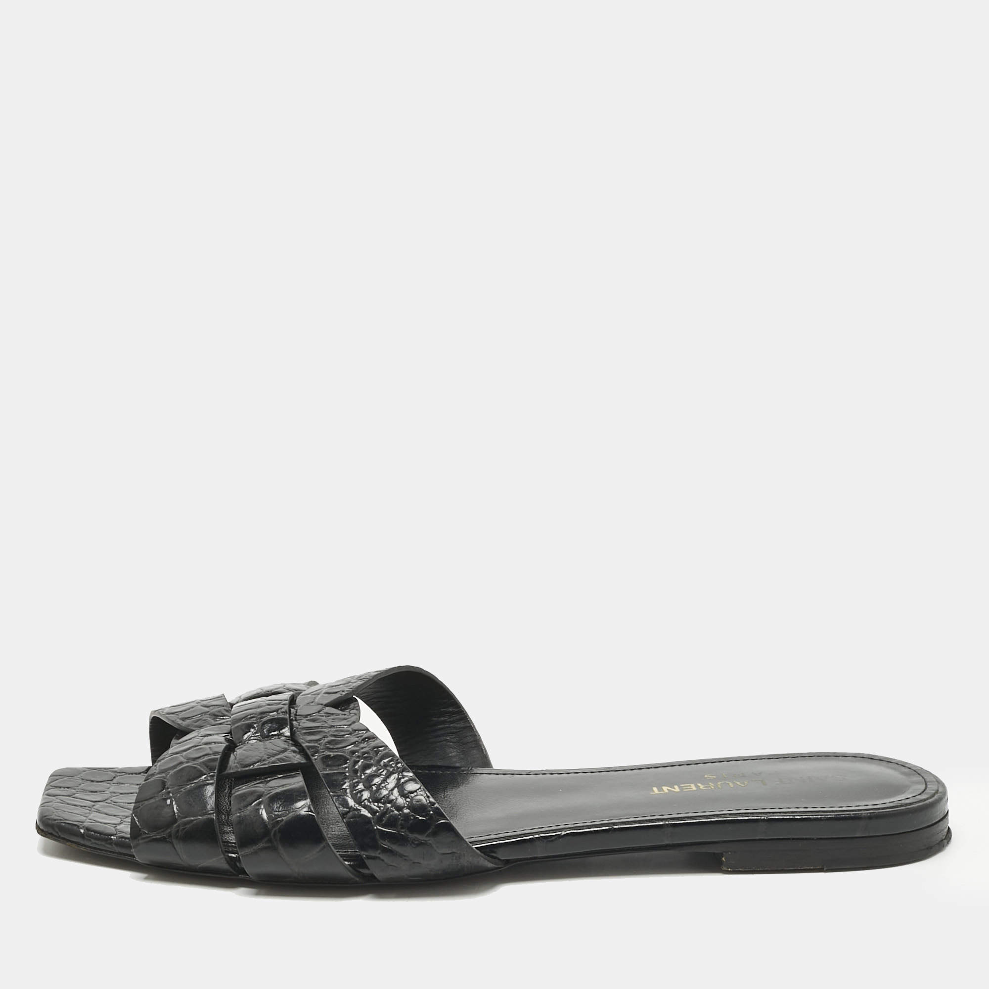 Pre Owned Saint Laurent Black Croc Embossed Patent Leather Tribute Flat Slides Size 38.5