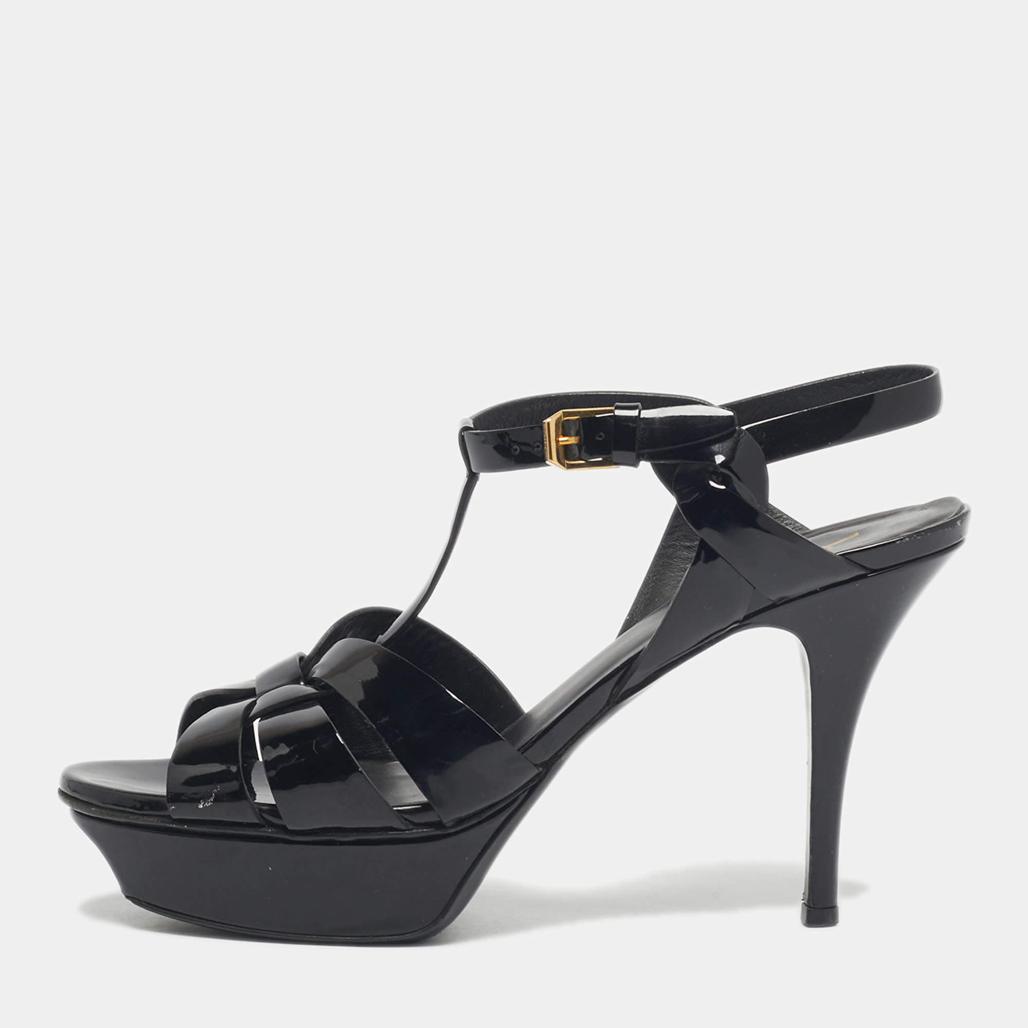 Pre Owned صندل سان لوران تريبيوت جلد لامع أسود نعل سميك مقاس 39