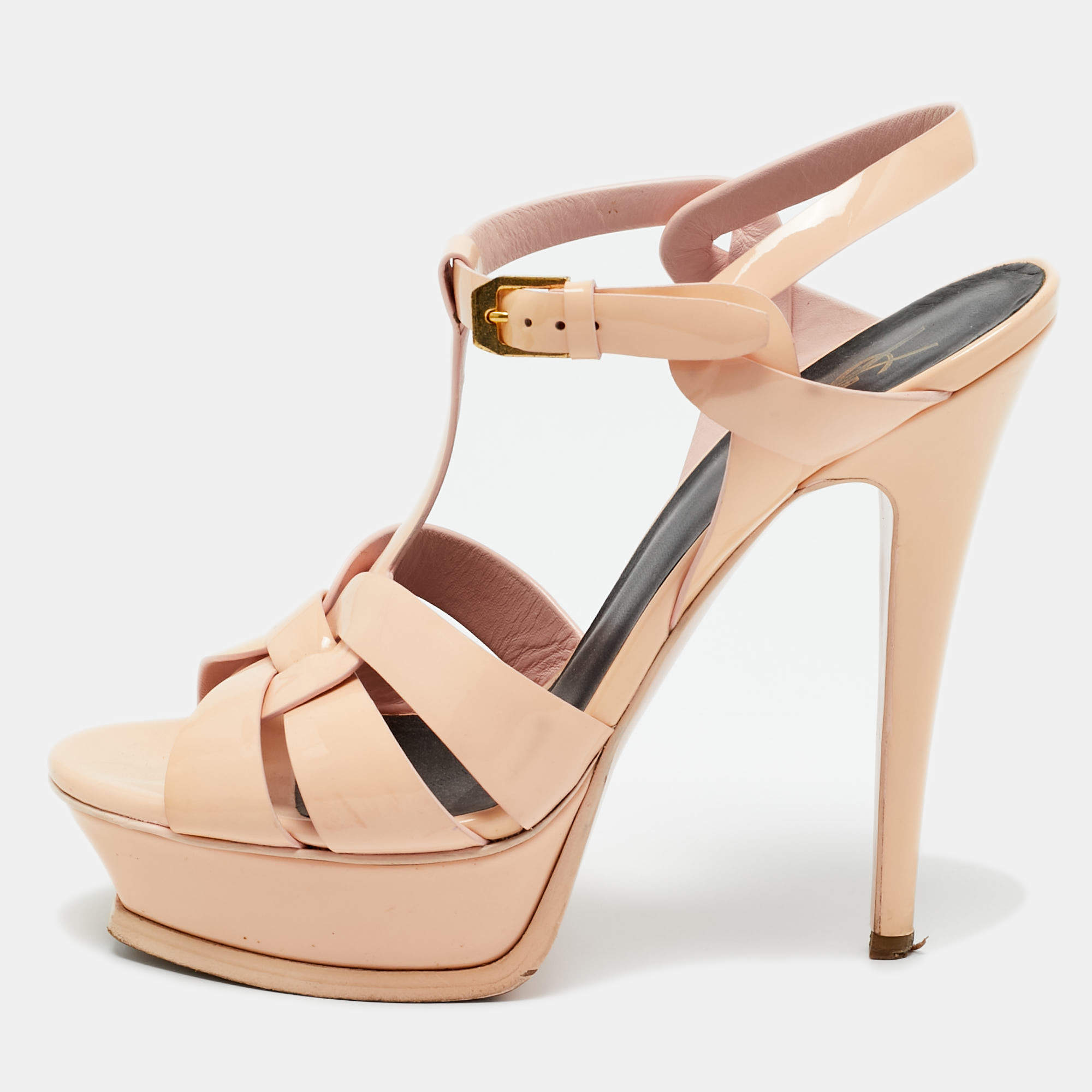 Pre Owned Saint Laurent Beige Patent Leather Tribute Platform Ankle Strap Sandals Size 37