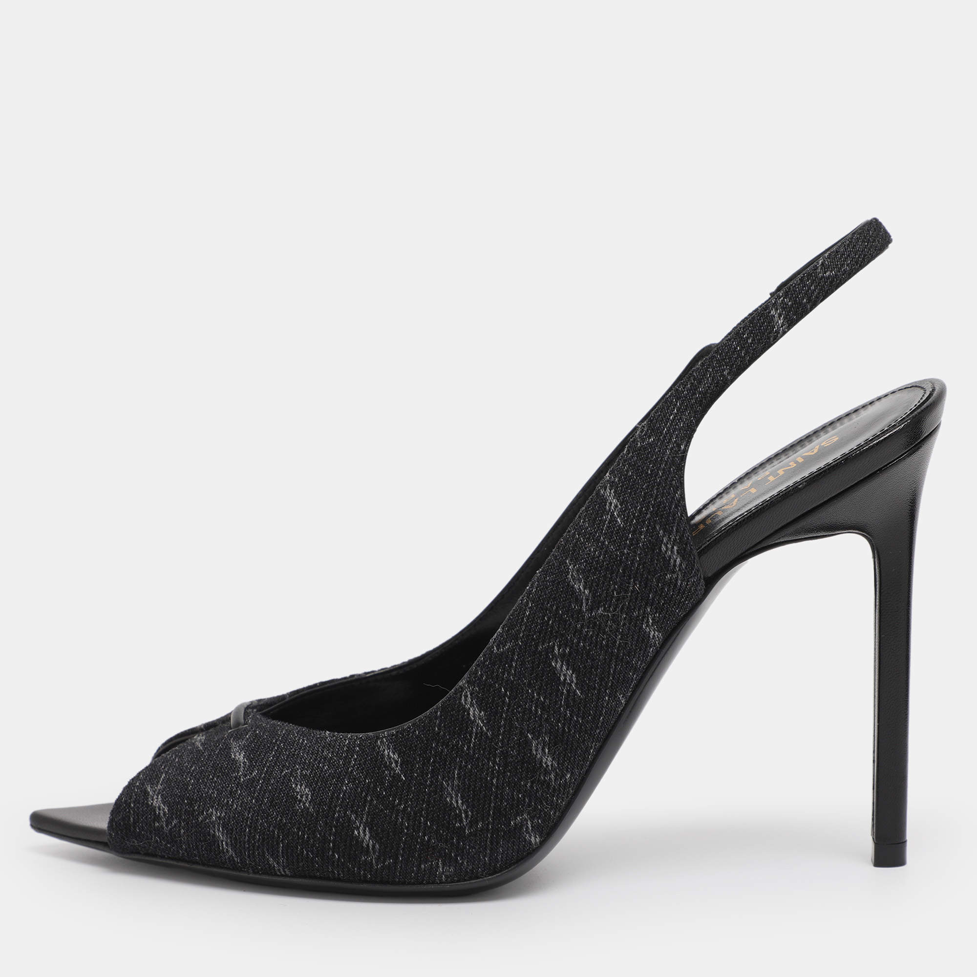 Pre Owned Saint Laurent Paris Dark Grey Denim Lola Slingback Sandals Size 37