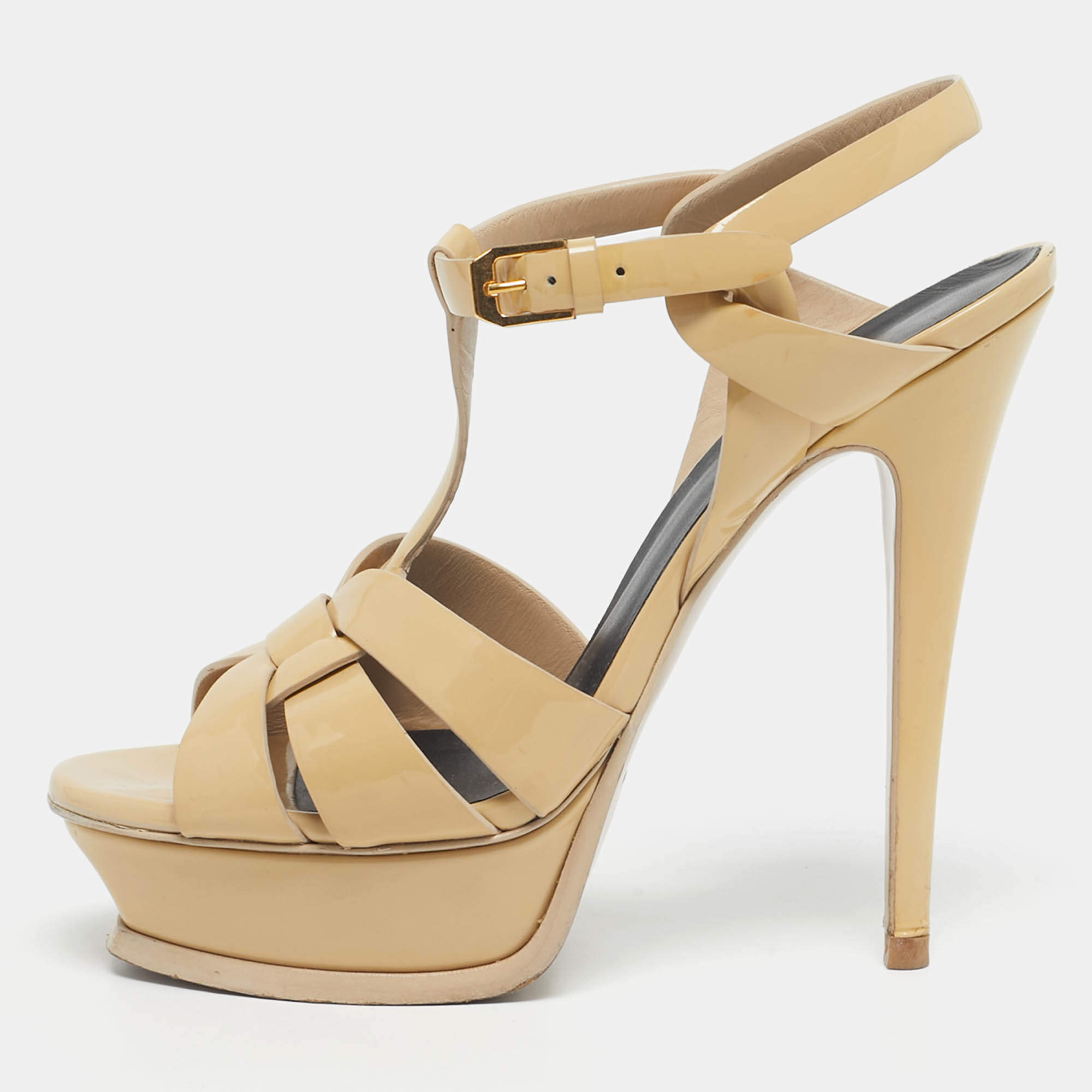 Pre Owned Saint Laurent Beige Patent Leather Tribute Platform Ankle Strap Sandals Size 37