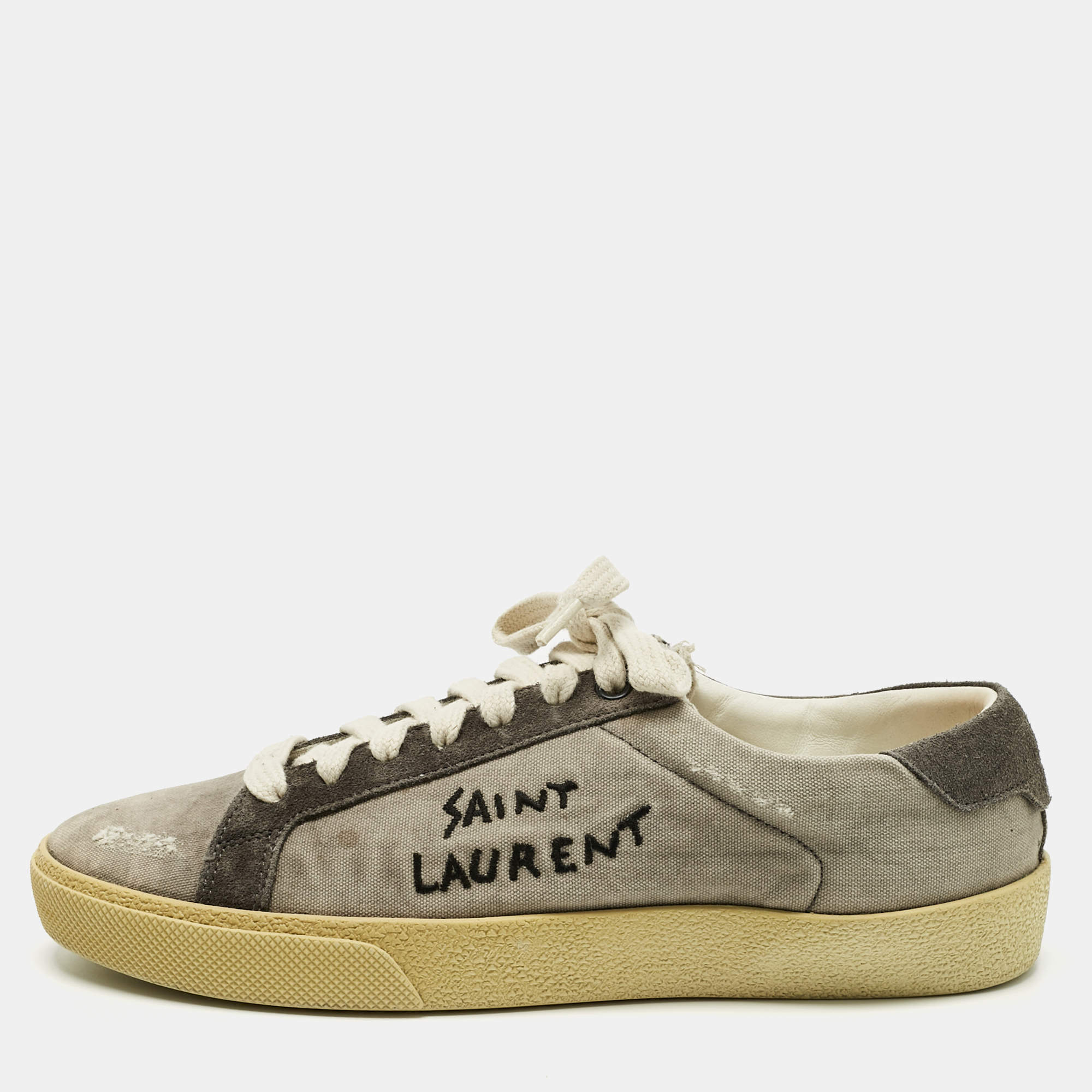 Pre Owned Saint Laurent Paris Grey Canvas and Suede Court Classic Lace Up Sneakers Size 37