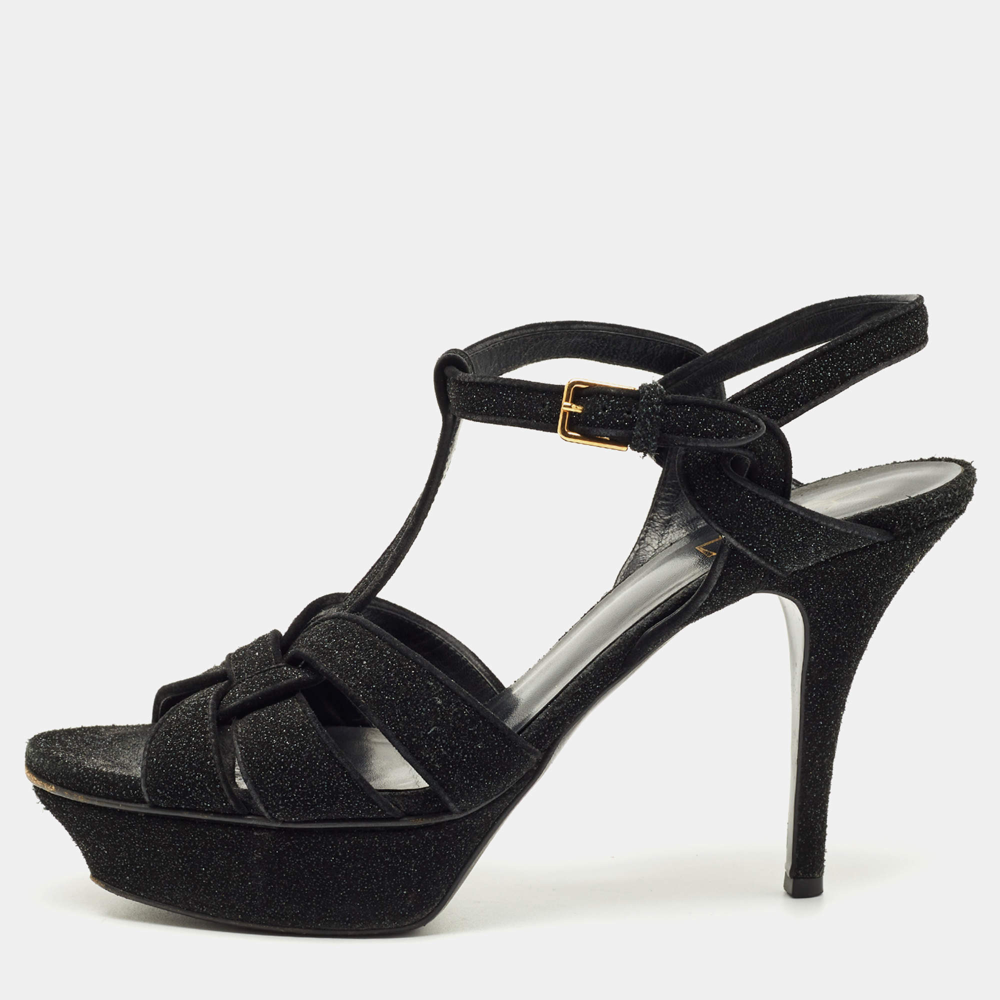Pre Owned Saint Laurent Black Glitter Suede Tribute Platform Sandals Size 40