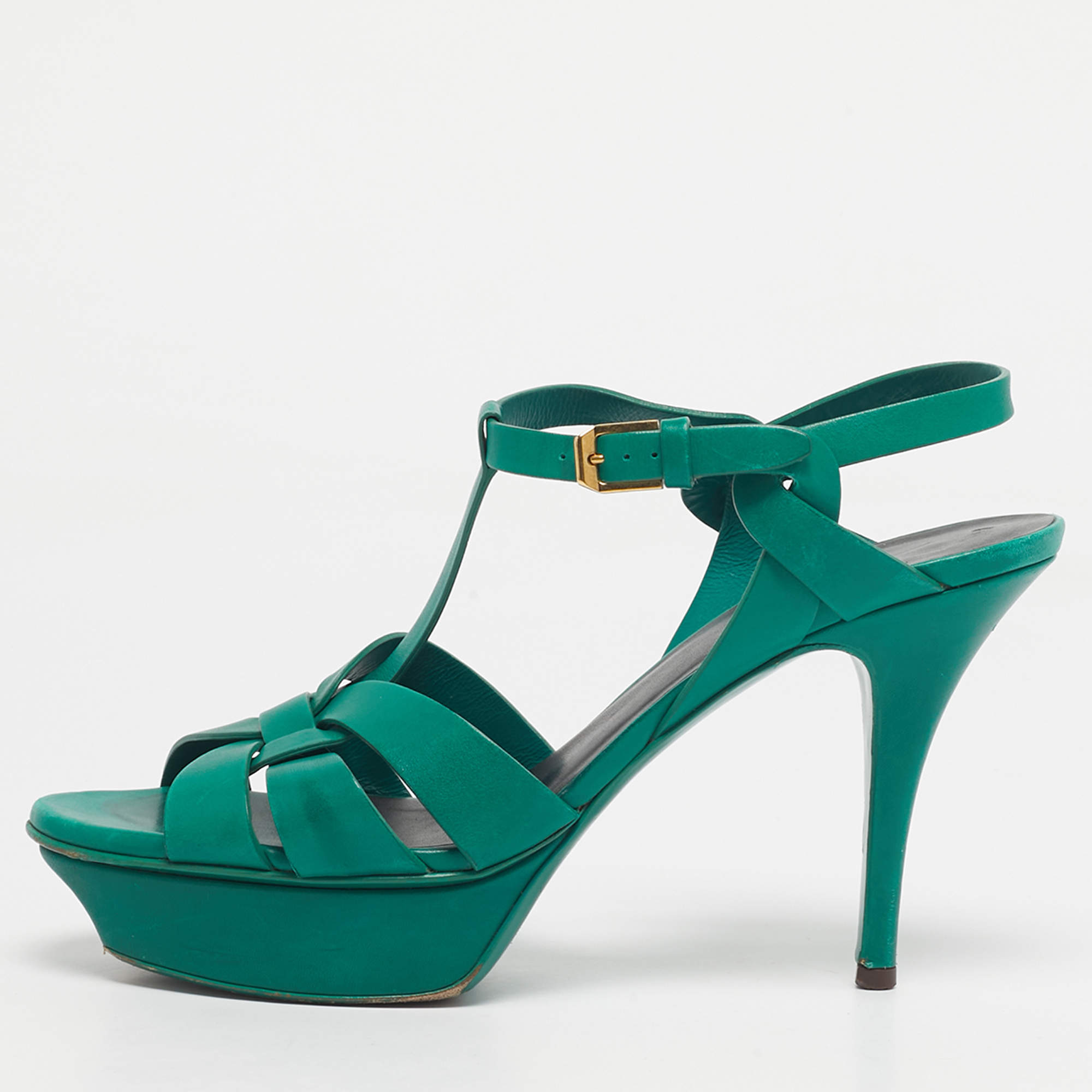 Pre Owned Saint Laurent Green Leather Tribute Platform Sandals Size 39