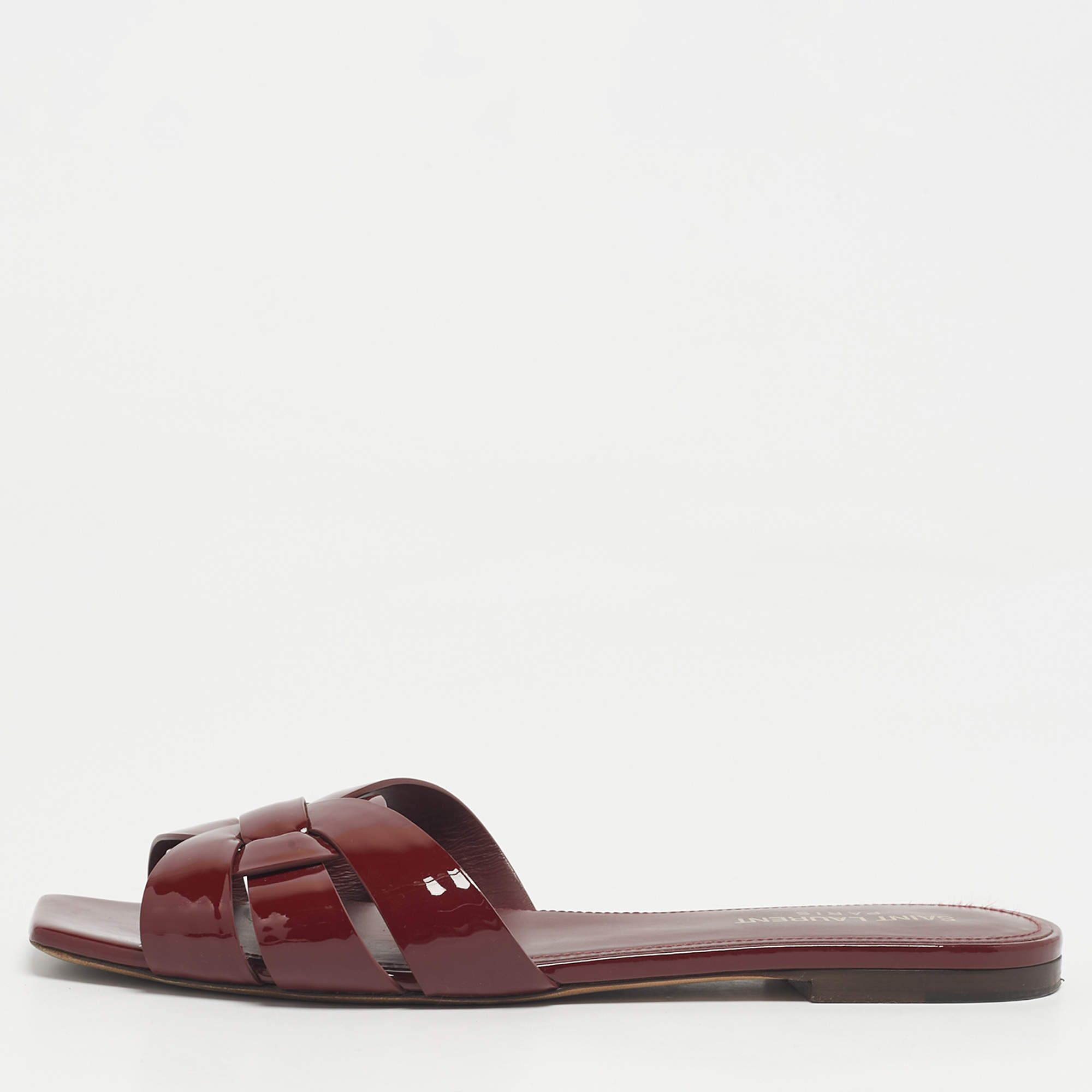 Pre Owned Saint Laurent Burgundy Patent Leather Tribute Flat Slides Size 39