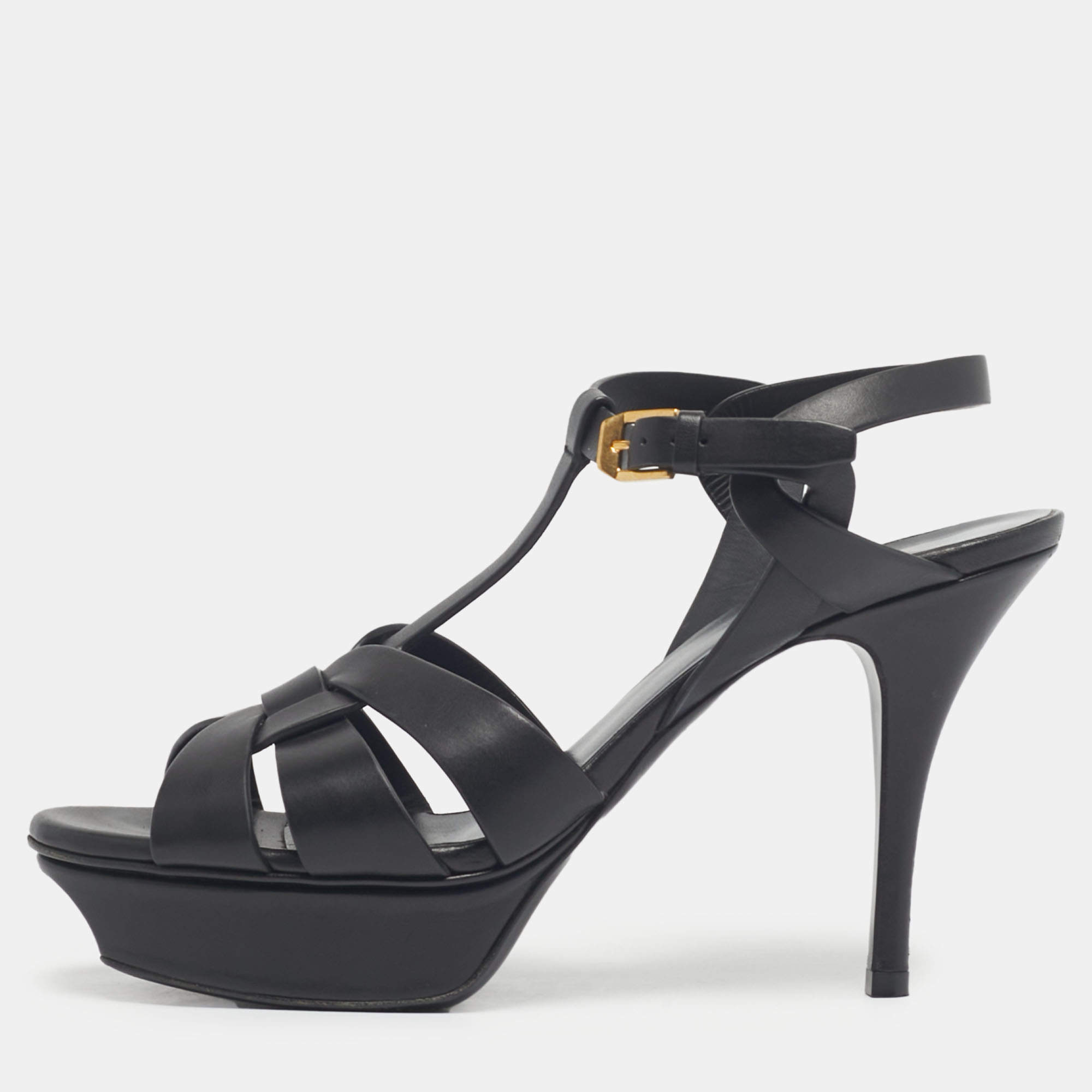 Pre Owned Saint Laurent Black Leather Tribute Sandals Size 38