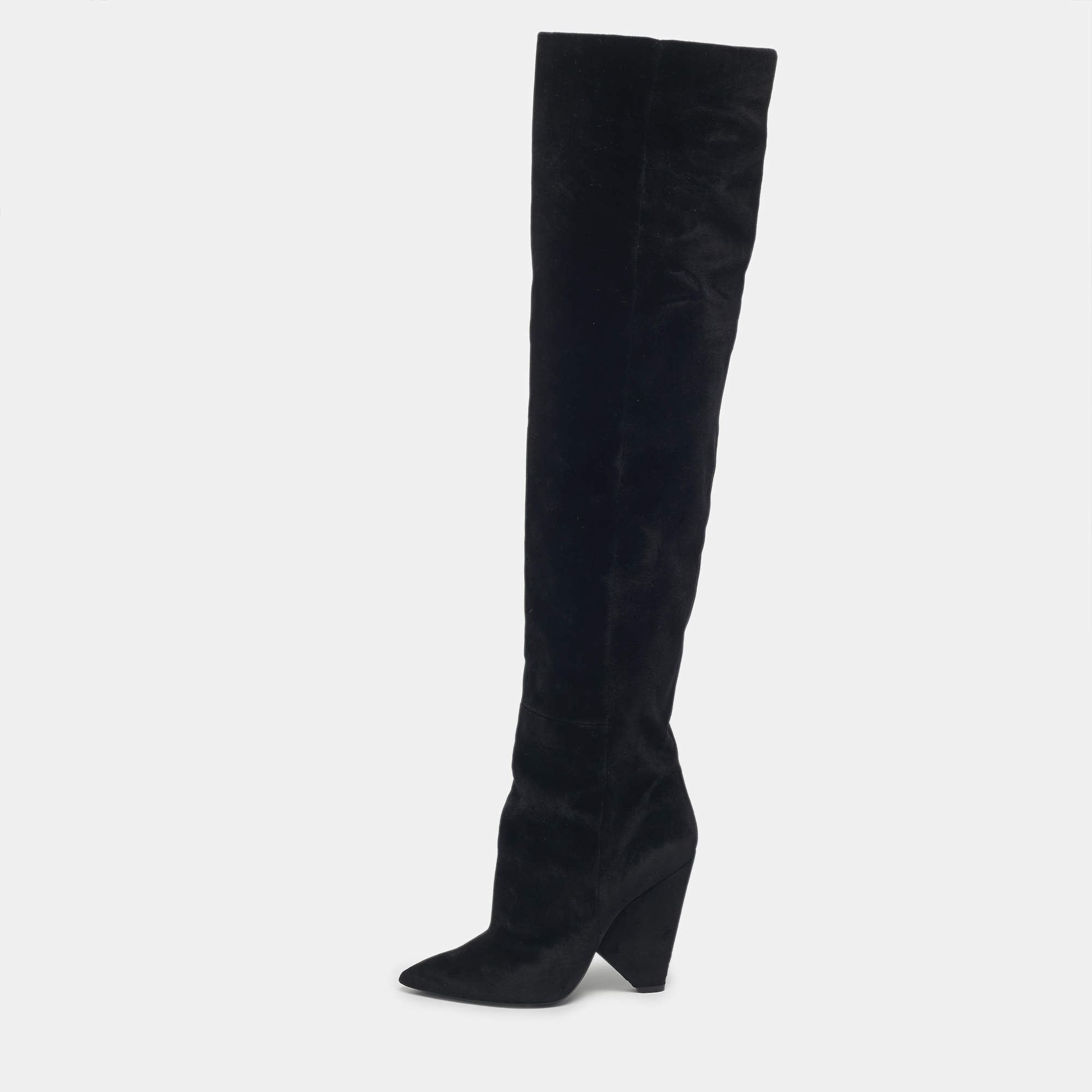 Pre Owned Saint Laurent Black Velvet Niki Over The Knee Boots Size 38