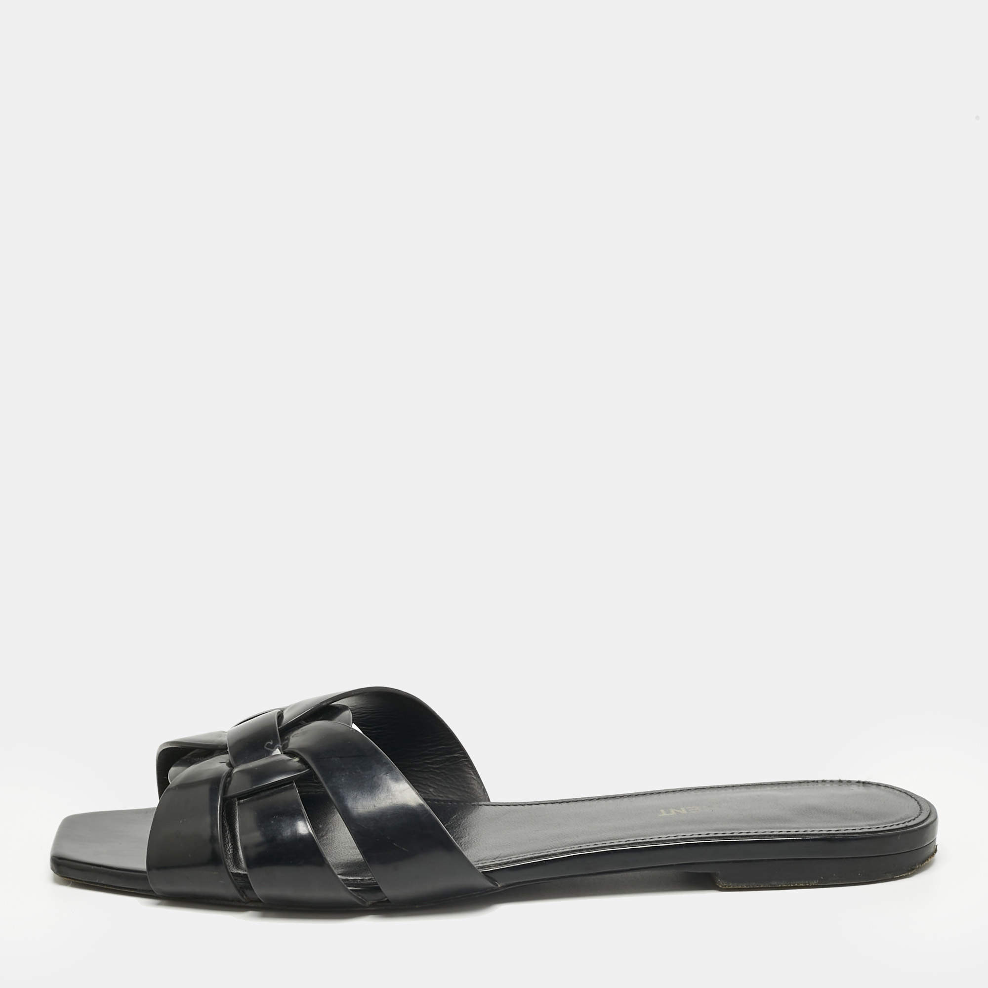 Pre Owned Saint Laurent Black Patent Leather Tribute Flat Slides Size 39