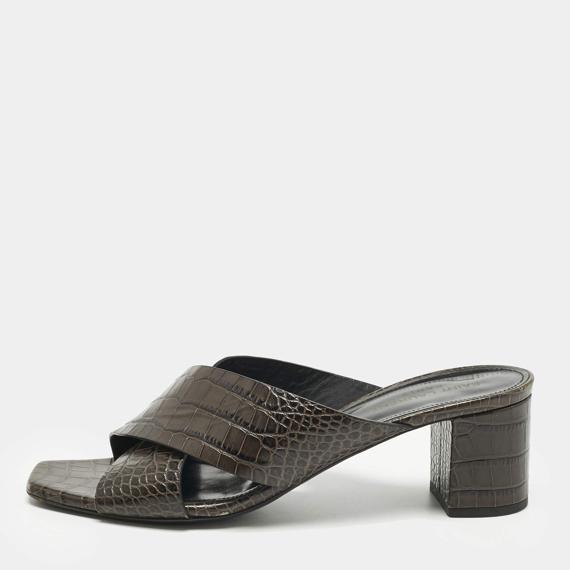 Pre Owned Saint Laurent Brown Croc Embossed Leather Loulou Slide Sandals Size 40.5