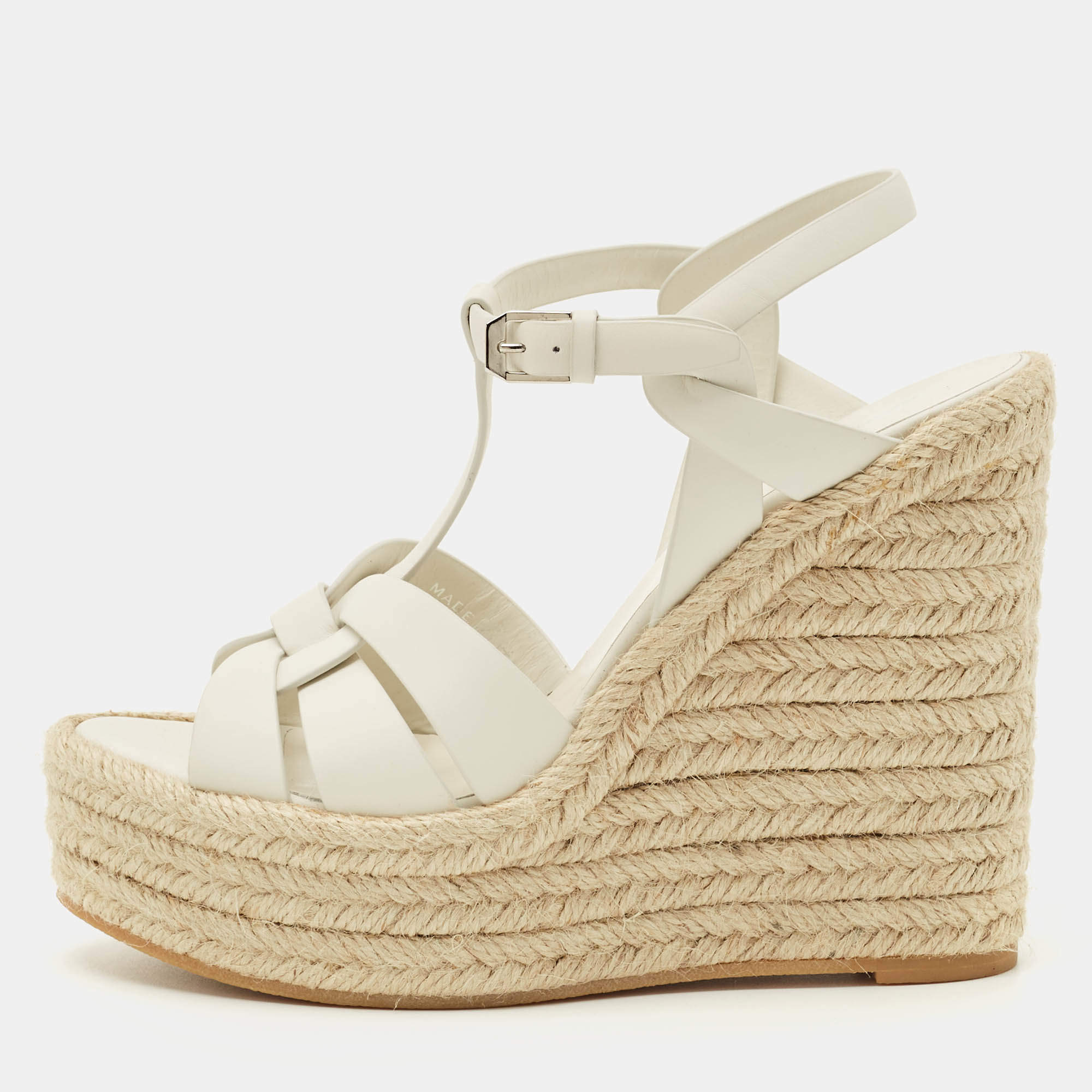 Pre Owned Saint Laurent White Leather Tribute Wedge Espadrille Sandals Size 38