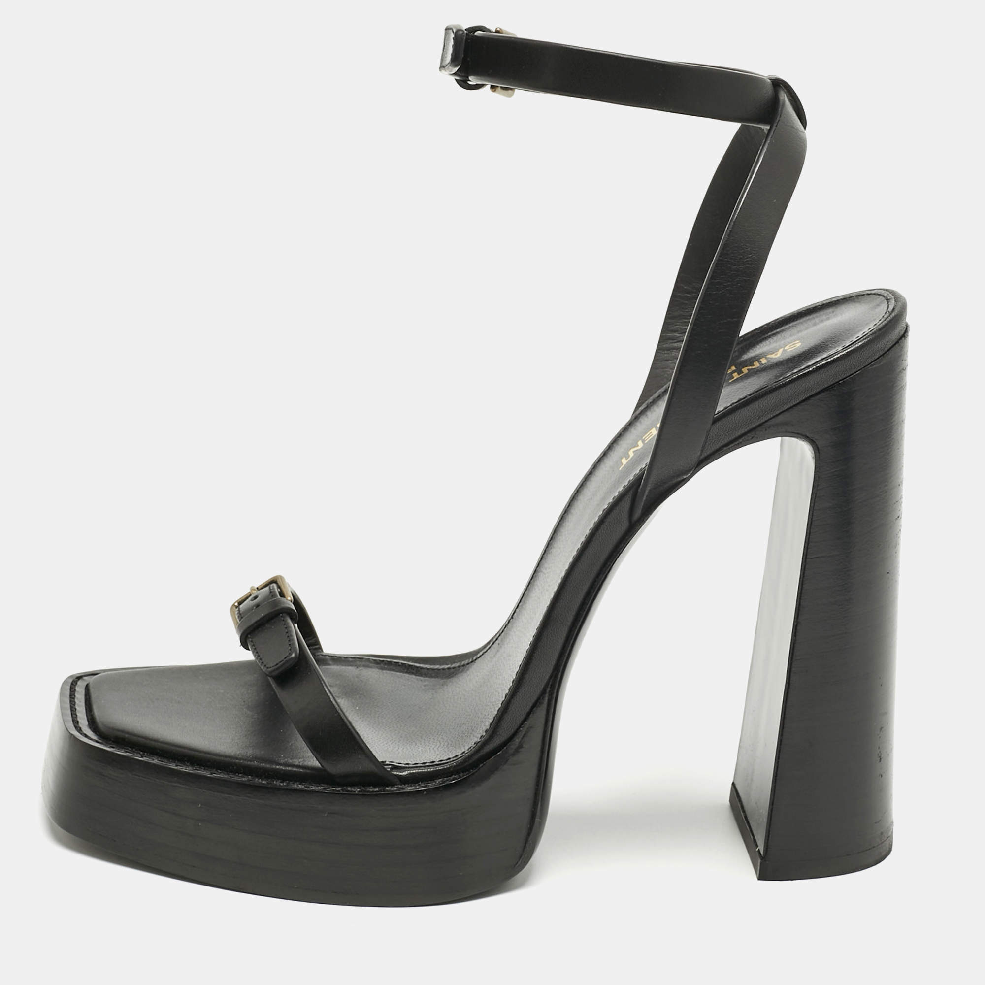 Pre Owned Saint Laurent Black Leather Platz Patform Ankle Strap Sandals Size 40.5