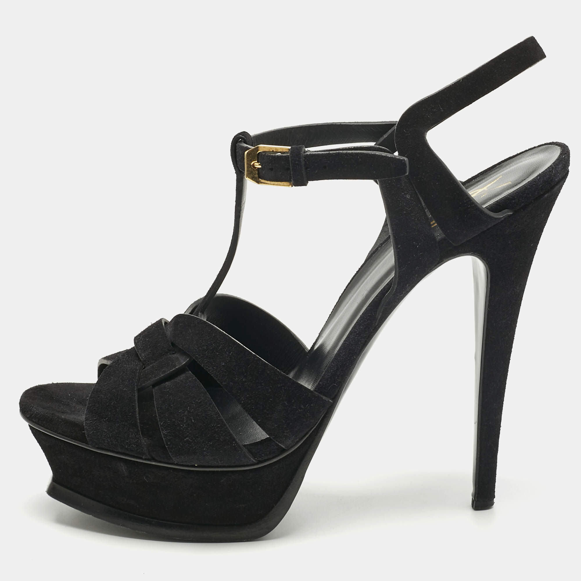 Pre Owned Saint Laurent Black Suede Tribute Platform Sandals Size 40.5