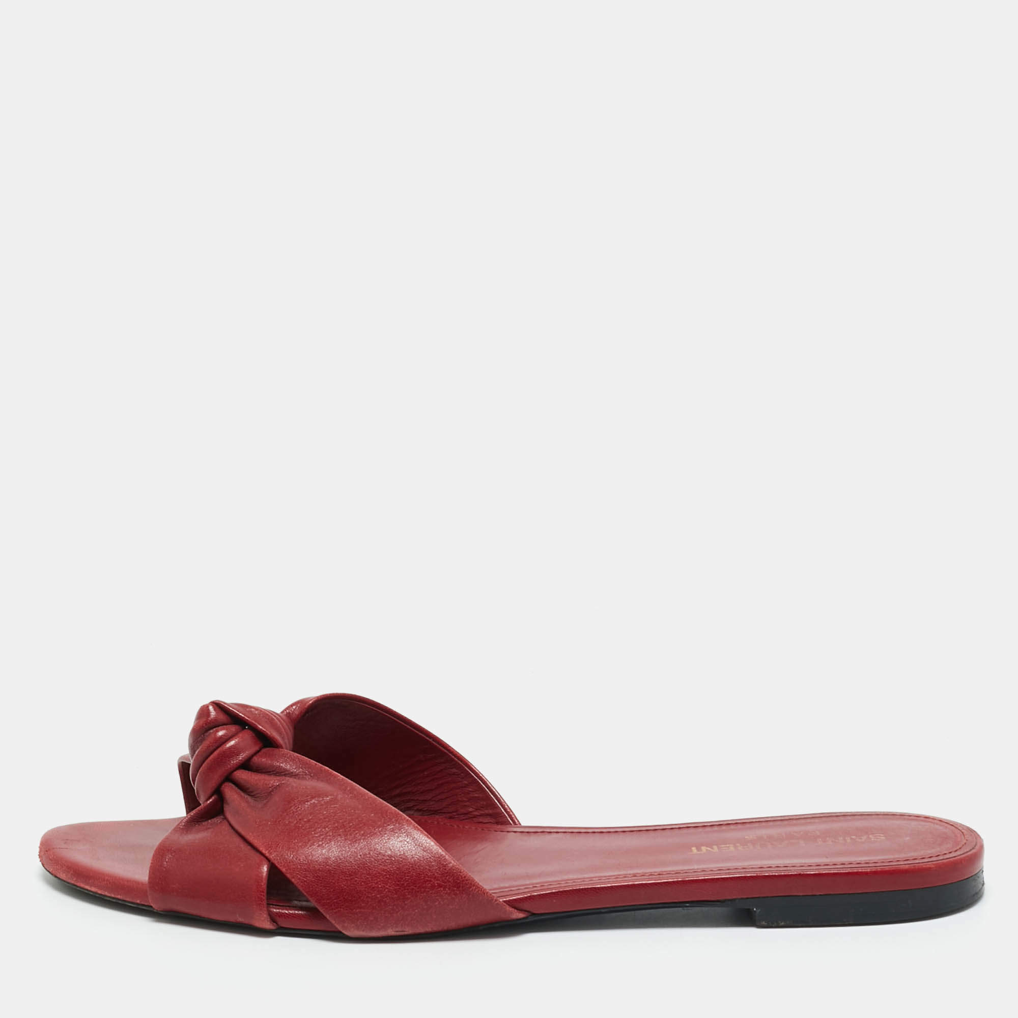 Pre Owned Saint Laurent Red Knotted Leather Bianca Flat Slide Size 40