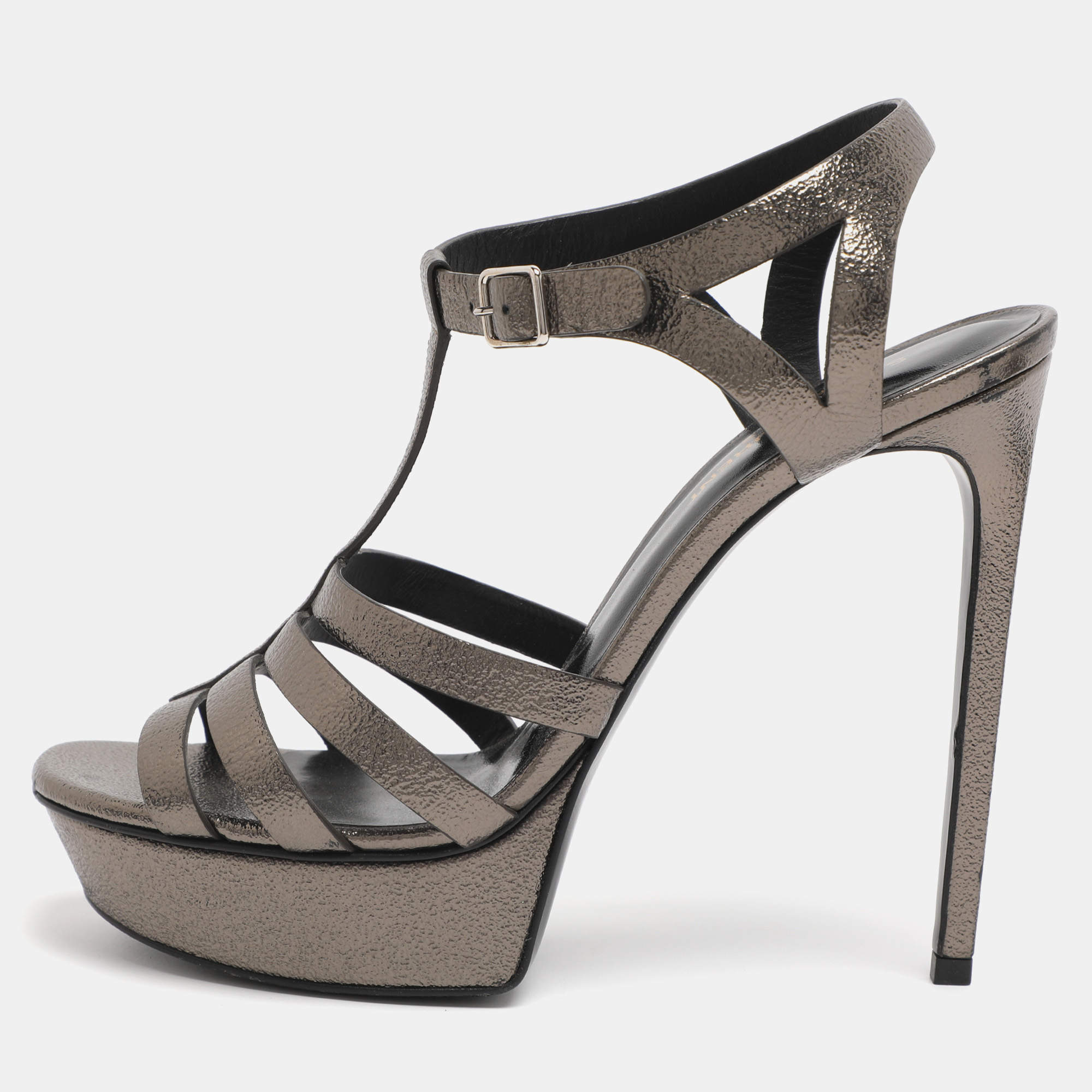 Pre Owned Saint Laurent Paris Metallic Leather Bianca Platform Sandals Size 41