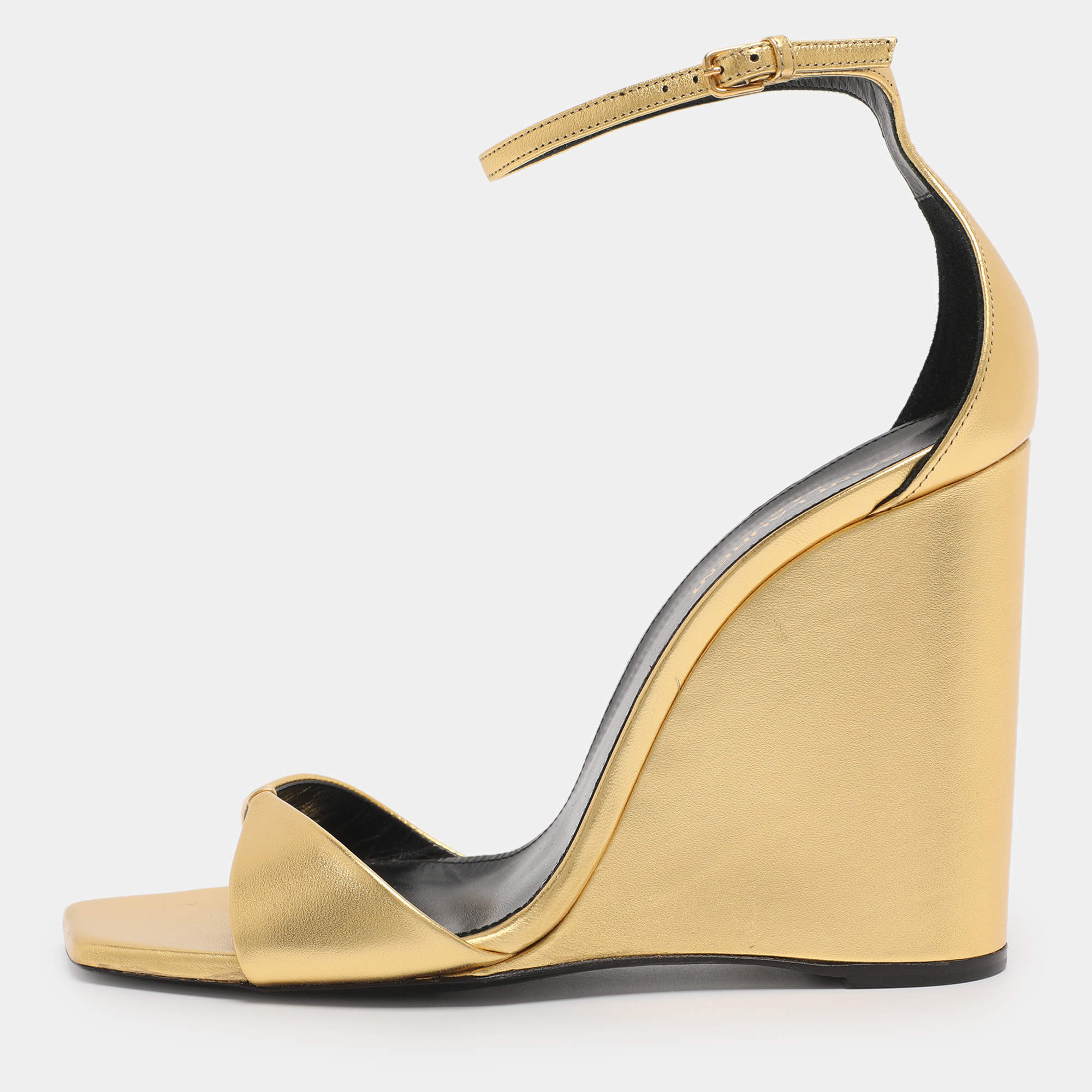 Pre Owned Saint Laurent Paris Gold Metalic Leather Dare Ankle Strap Sandals Size 40