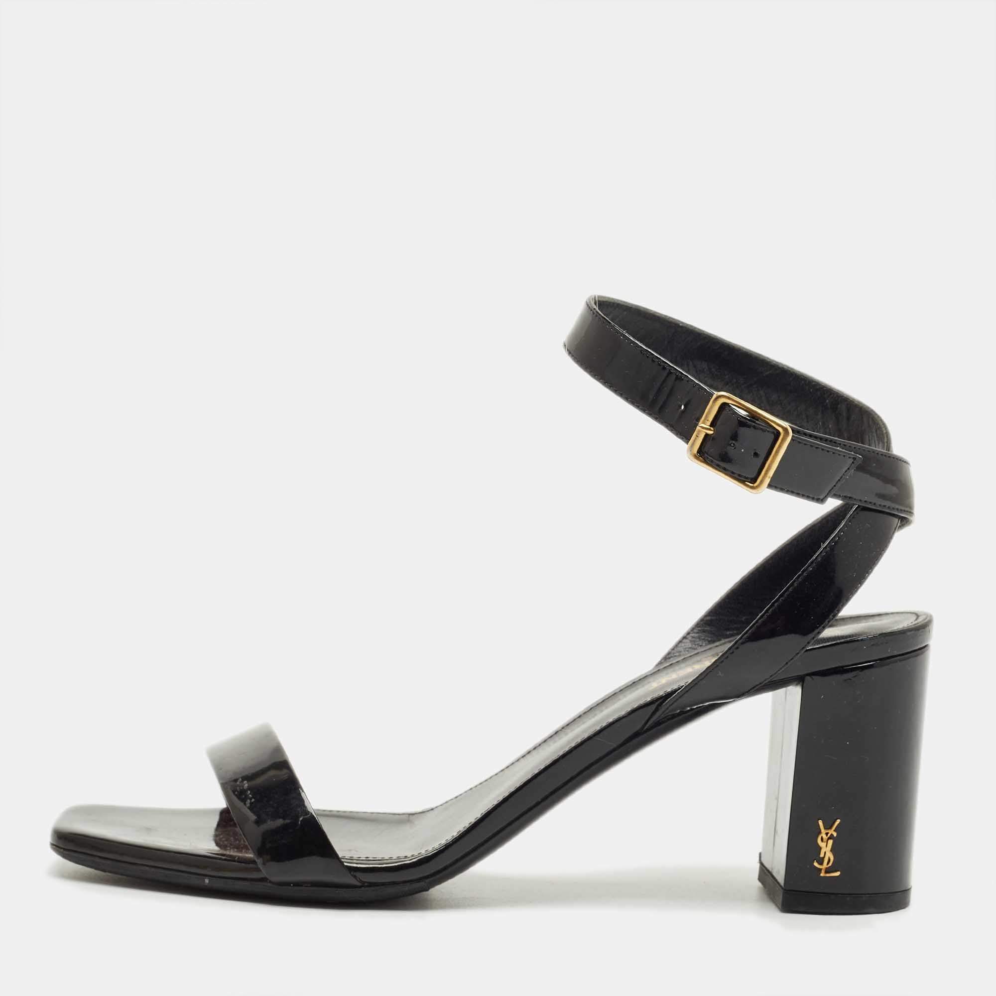 Pre Owned Saint Laurent Black Patent Leather Ankle Strap Sandals Size 39.5