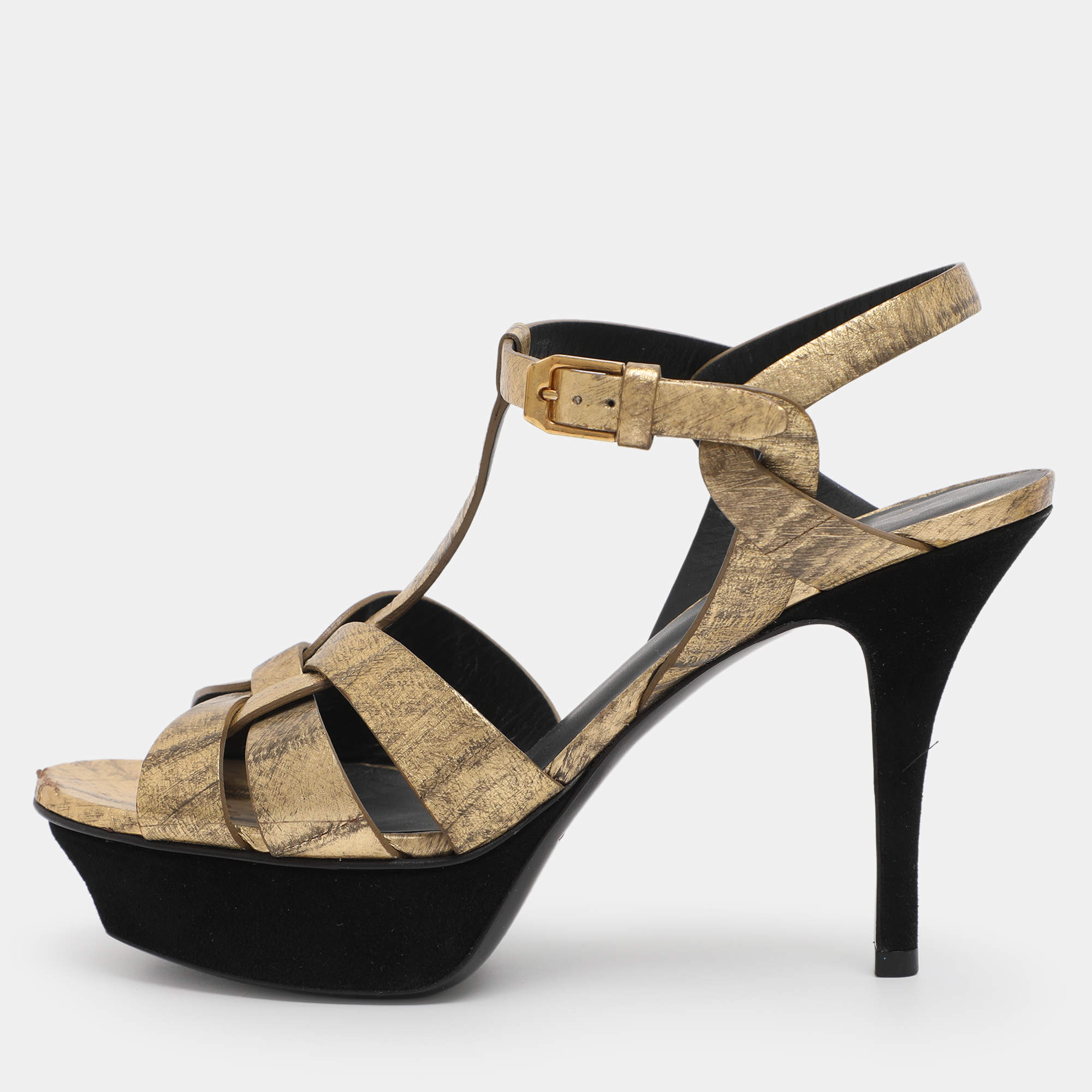 Pre Owned Saint Laurent Beige Patent leather Tribute Sandals Size 36.5
