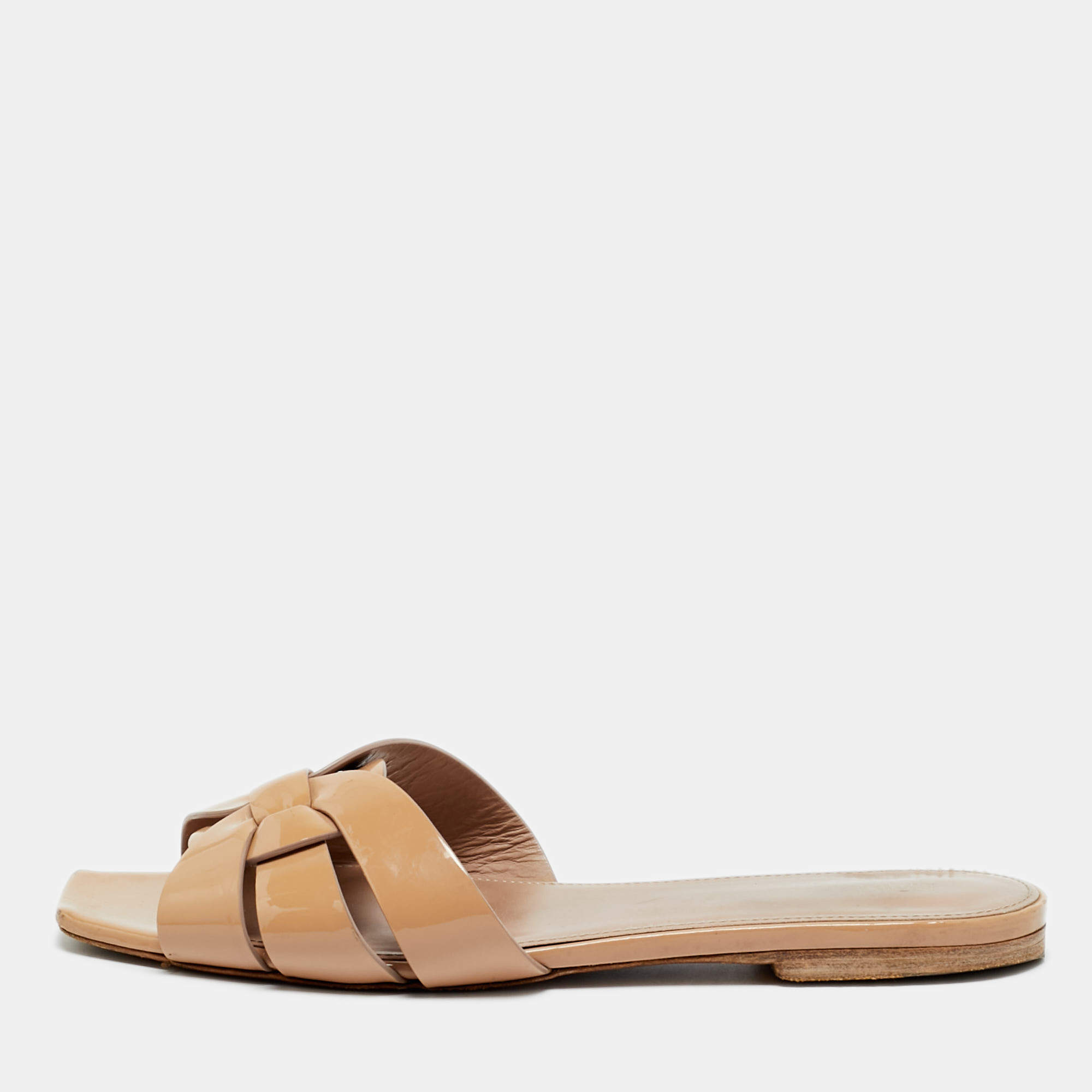 Pre Owned Saint Laurent Beige Patent Leather Tribute Flat Sandals Size 35.5