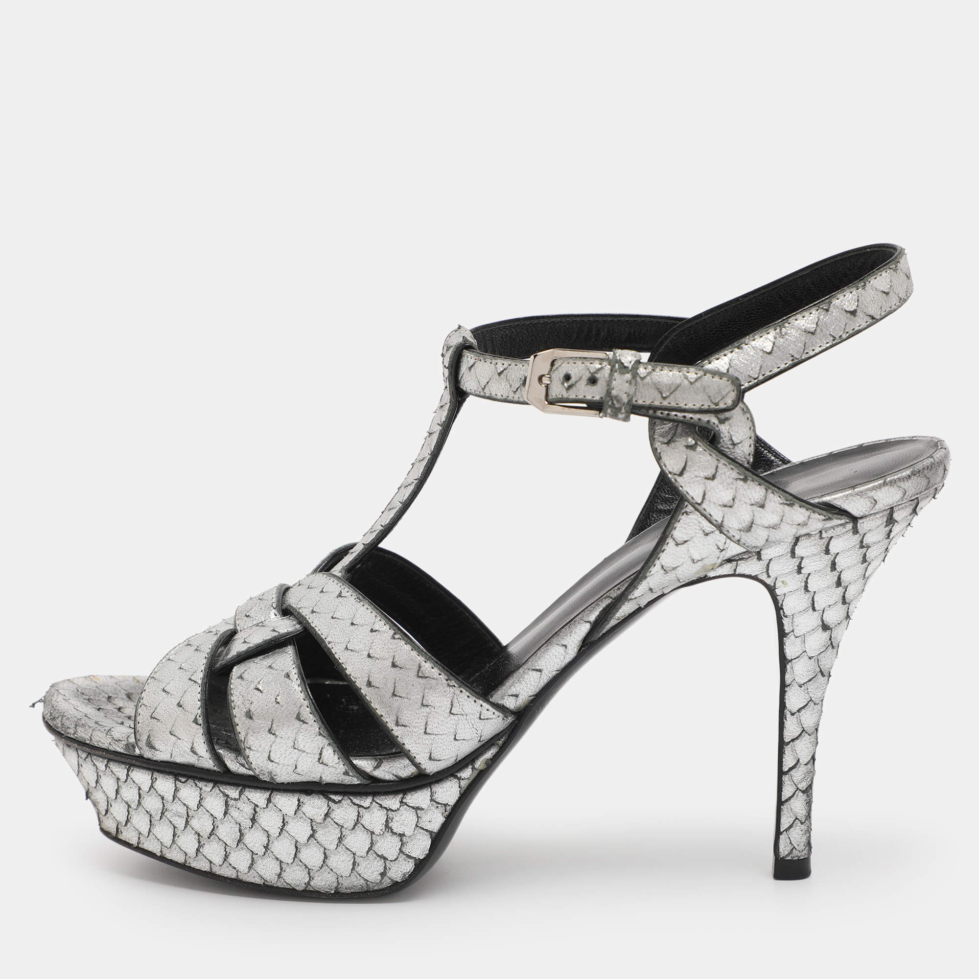 Pre Owned Saint Laurent Paris Silver Faux Snakeskin Leather Tribute Platform Sandals Size 37.5