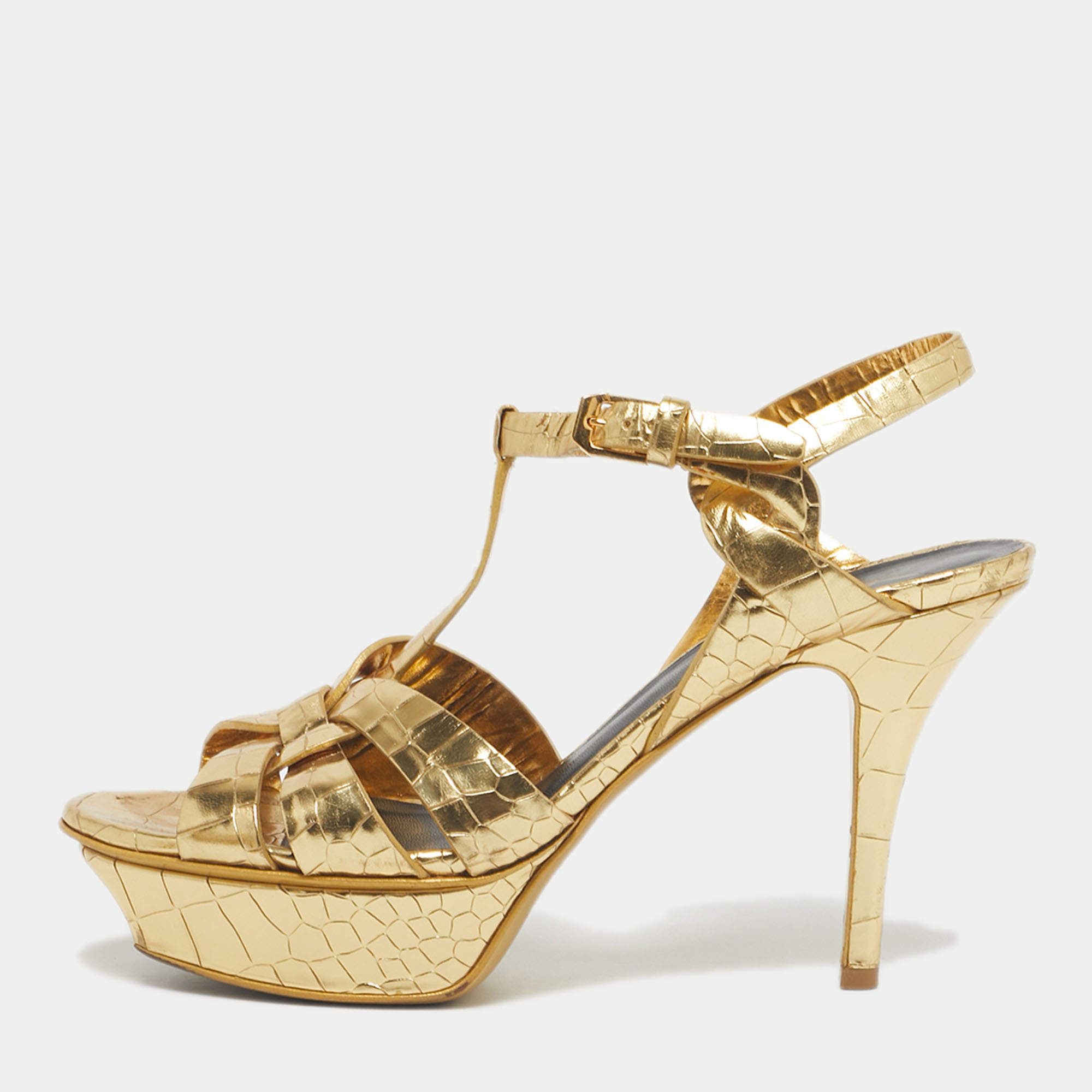 Pre Owned Saint Laurent Gold Croc Embossed Leather Tribute Platform Sandals Size 37.5