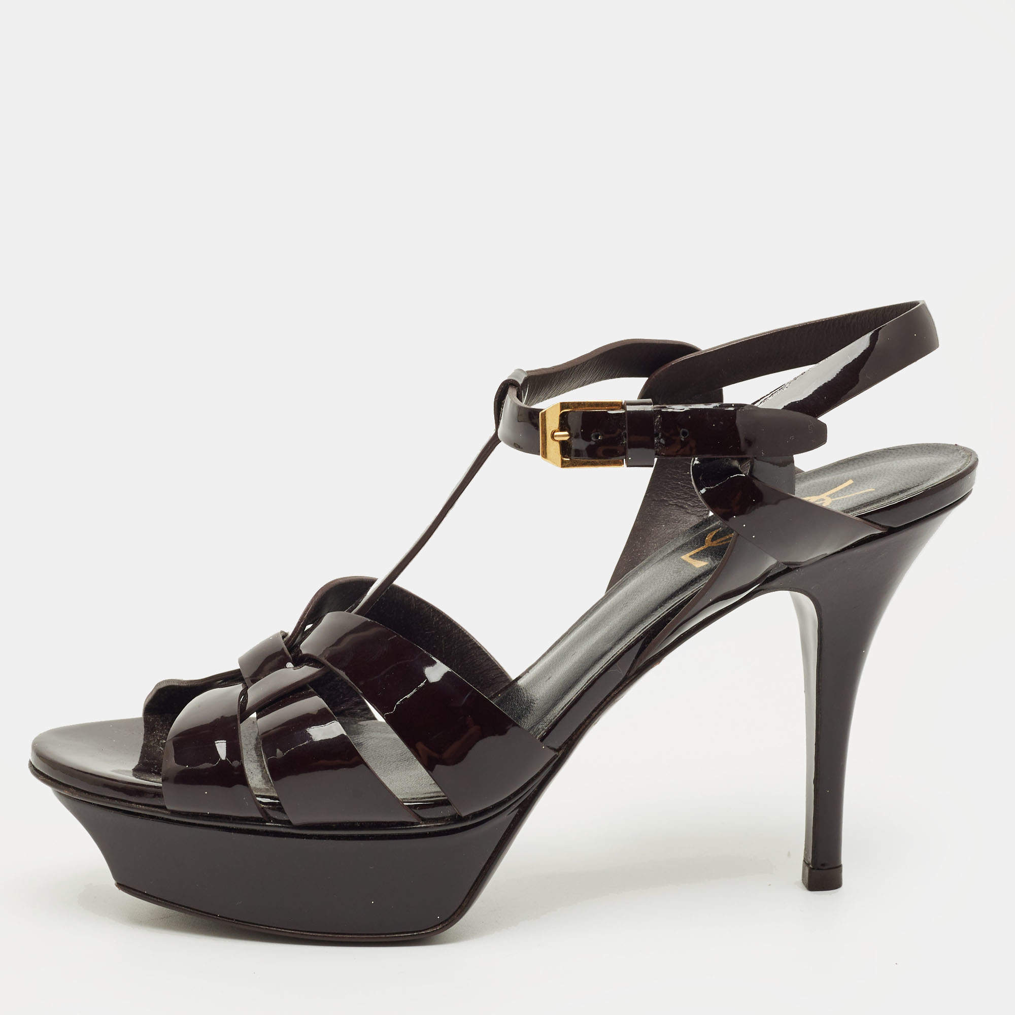 Pre Owned Saint Laurent Paris Burgundy Patent Leather Tribute Platform Sandals Size 37.5