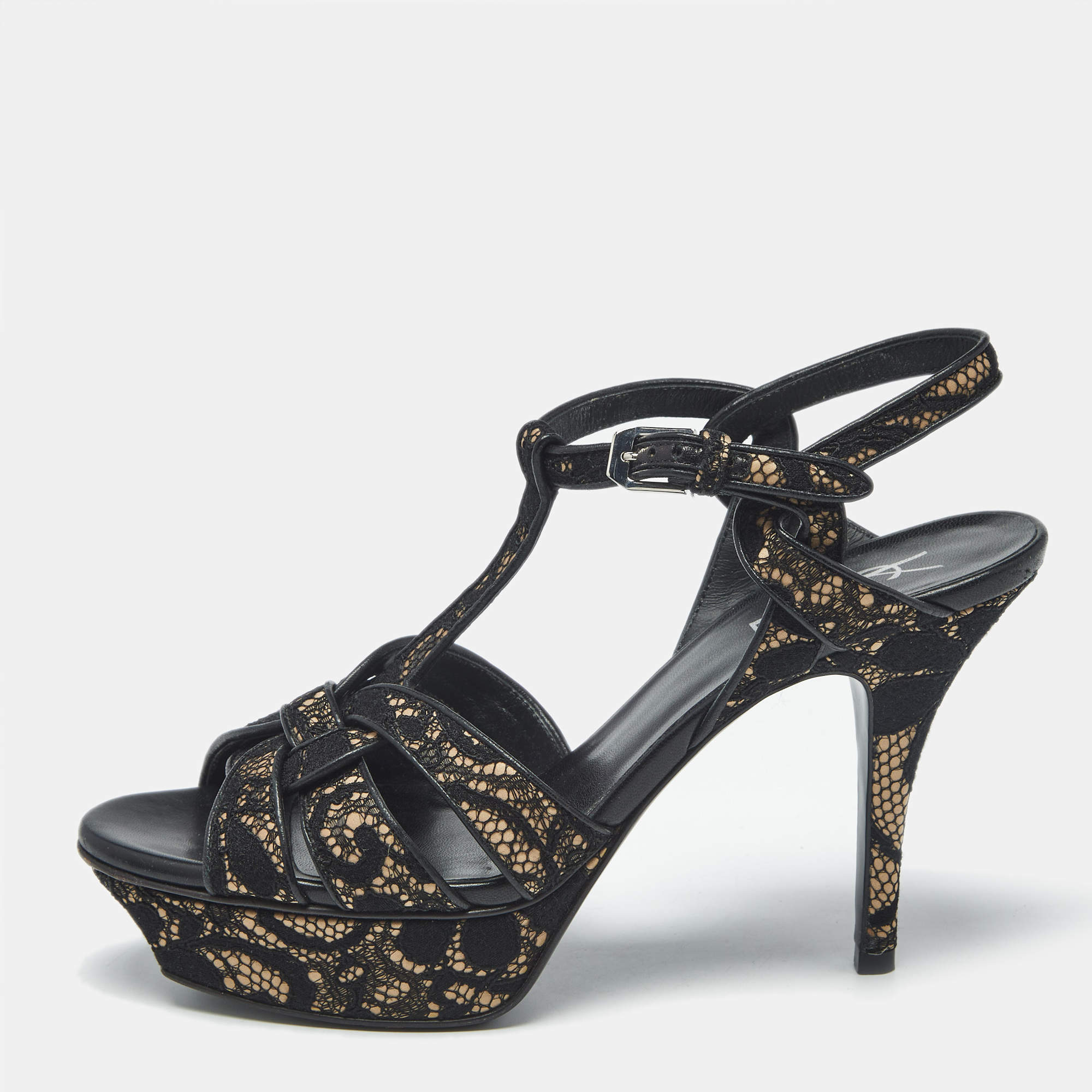 Pre Owned Saint Laurent Beige/Black Suede and Mash Tribute Ankle Strap Sandals Size 38