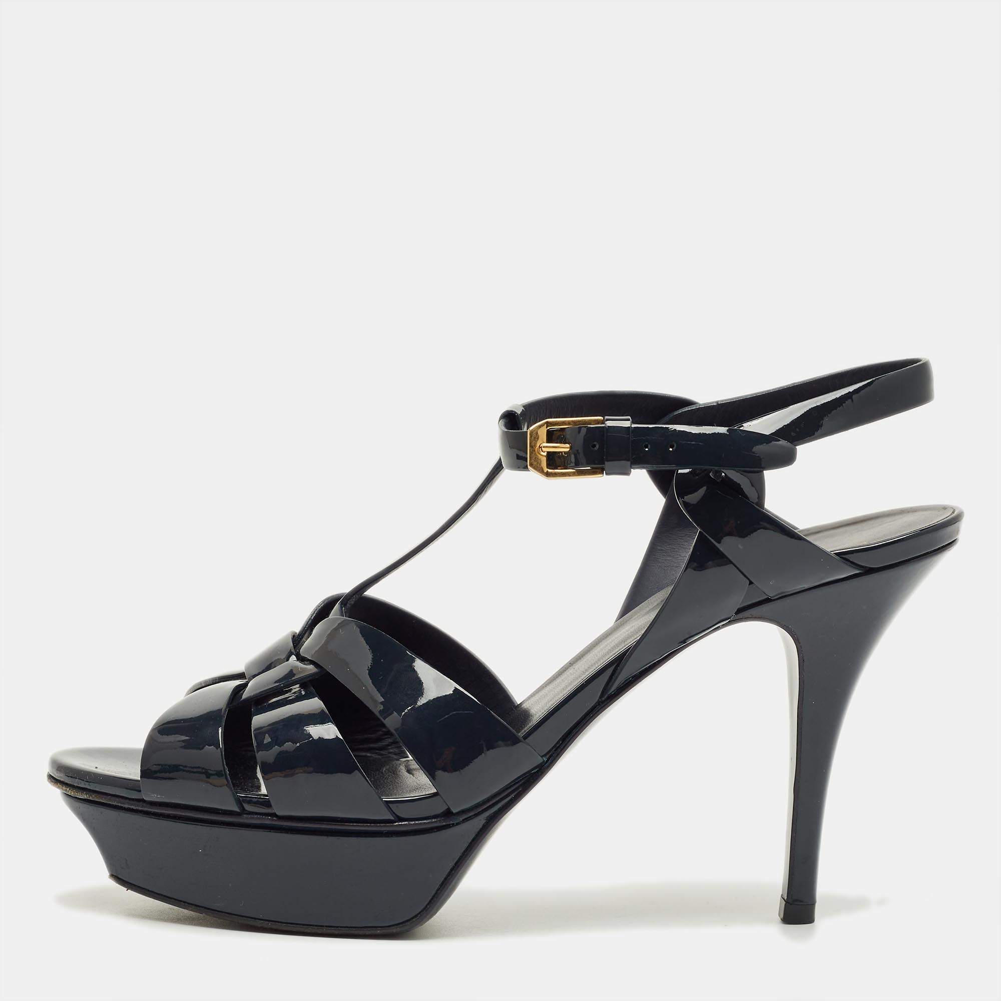 Pre Owned Saint Laurent Navy Blue Patent Leather Tribute Platform Sandals Size 40