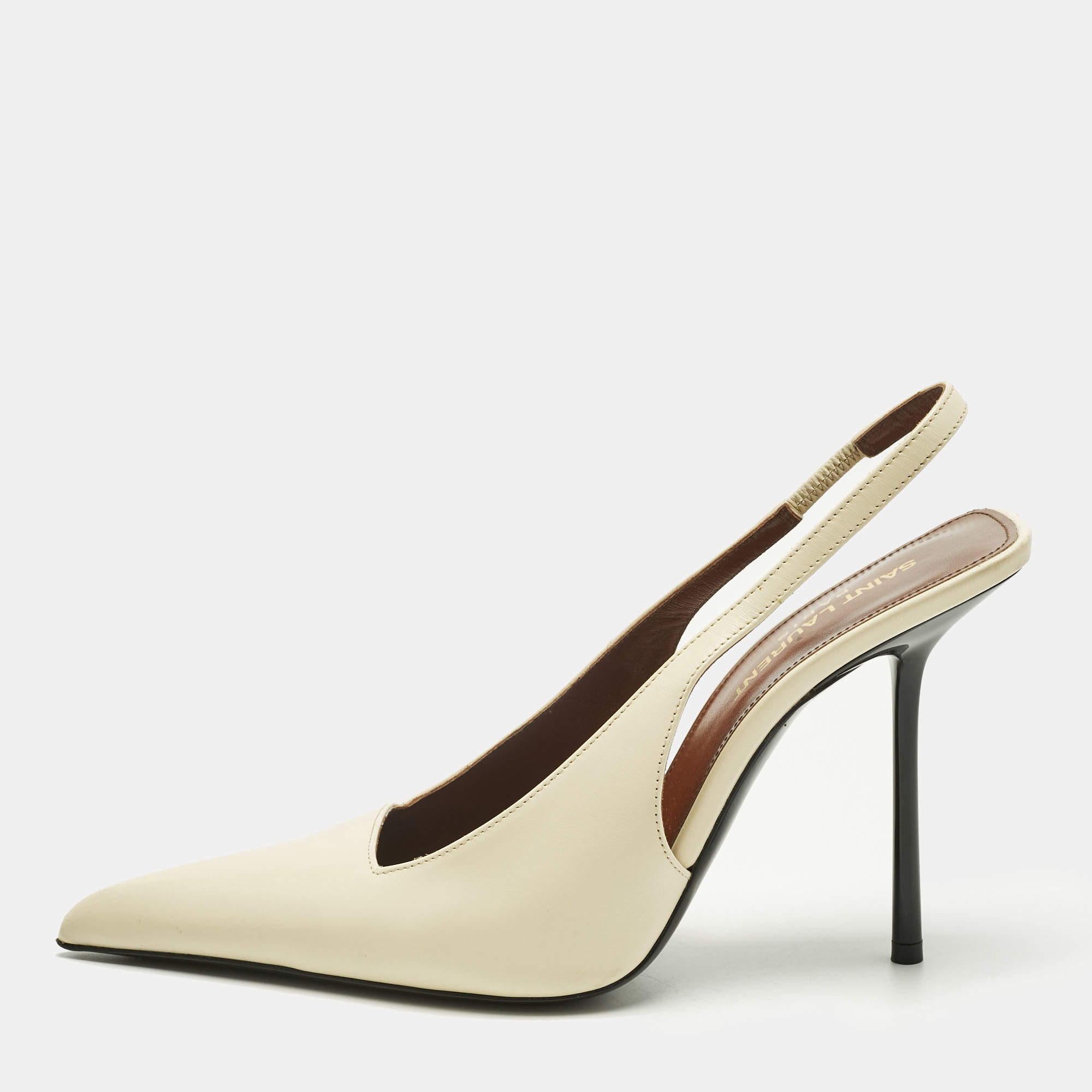 Pre Owned Saint Laurent Cream Leather Kiss Slingback Pumps Size 37