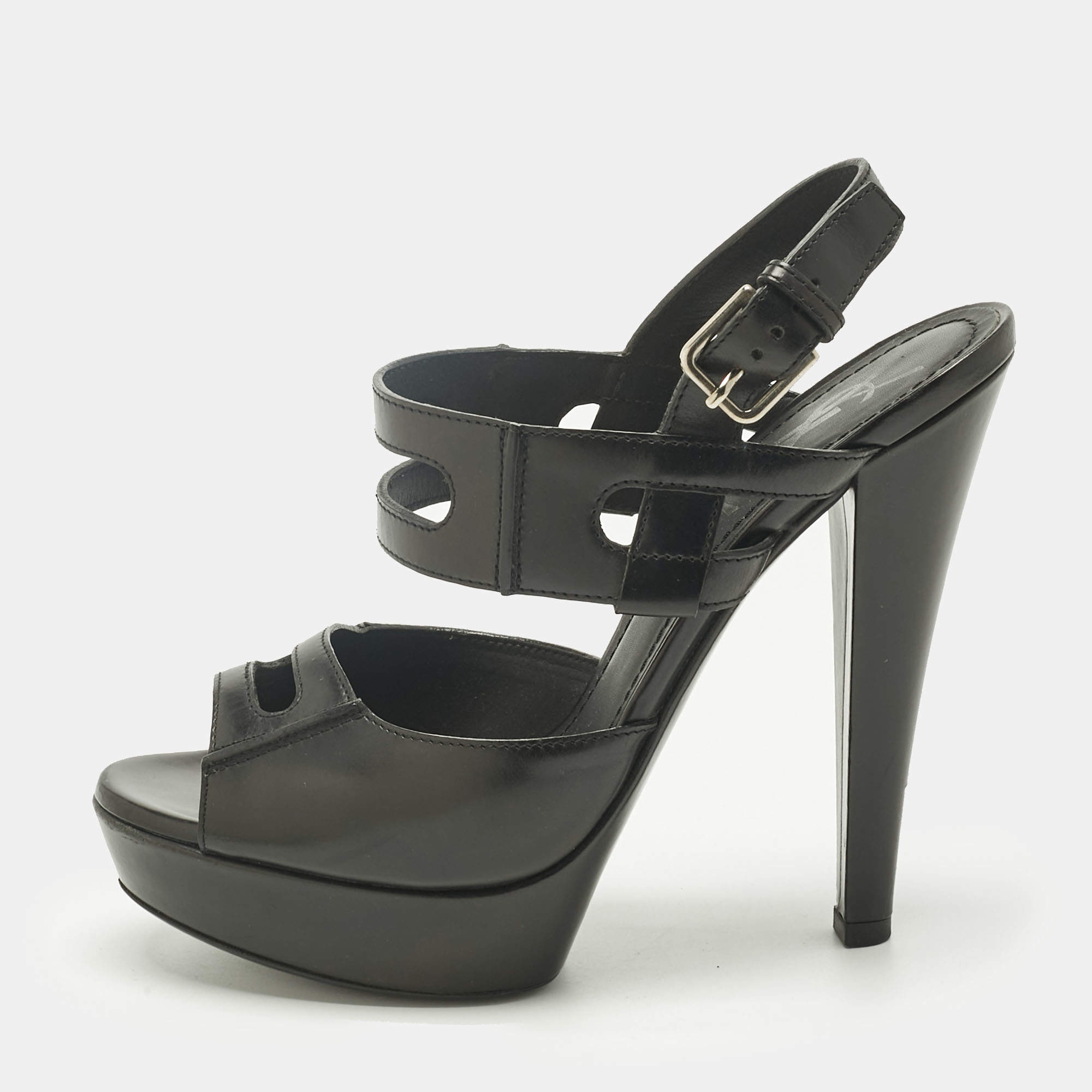 Pre Owned Saint Laurent Black Leather Double Cutout Strap Ankle Strap Sandals Size 36.5