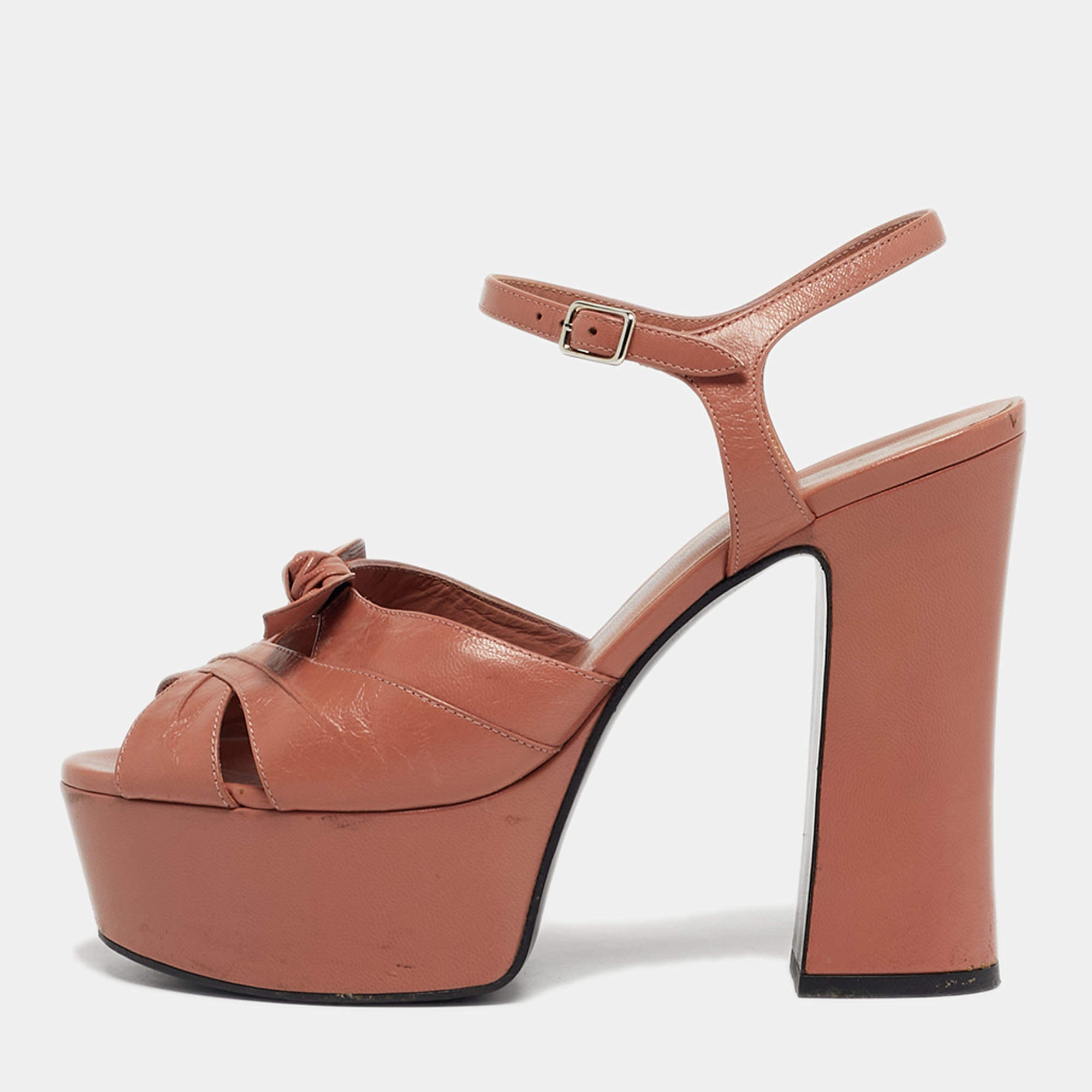 Pre Owned Saint Laurent Beige Leather Candy Ankle Strap Sandals Size 37