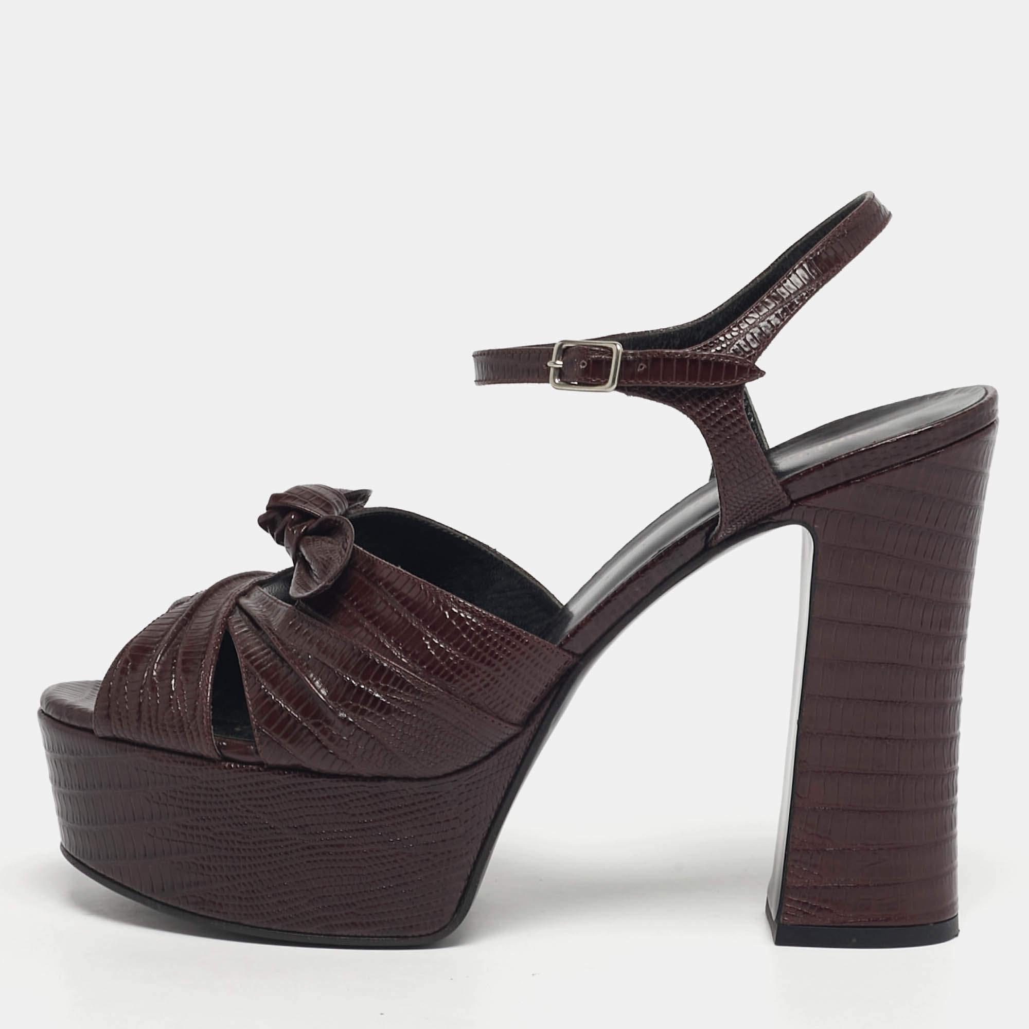 Pre Owned Saint Laurent Burgundy Lizard Embossed Leather Candy Platform Ankle Strap Sandals Size 40.5