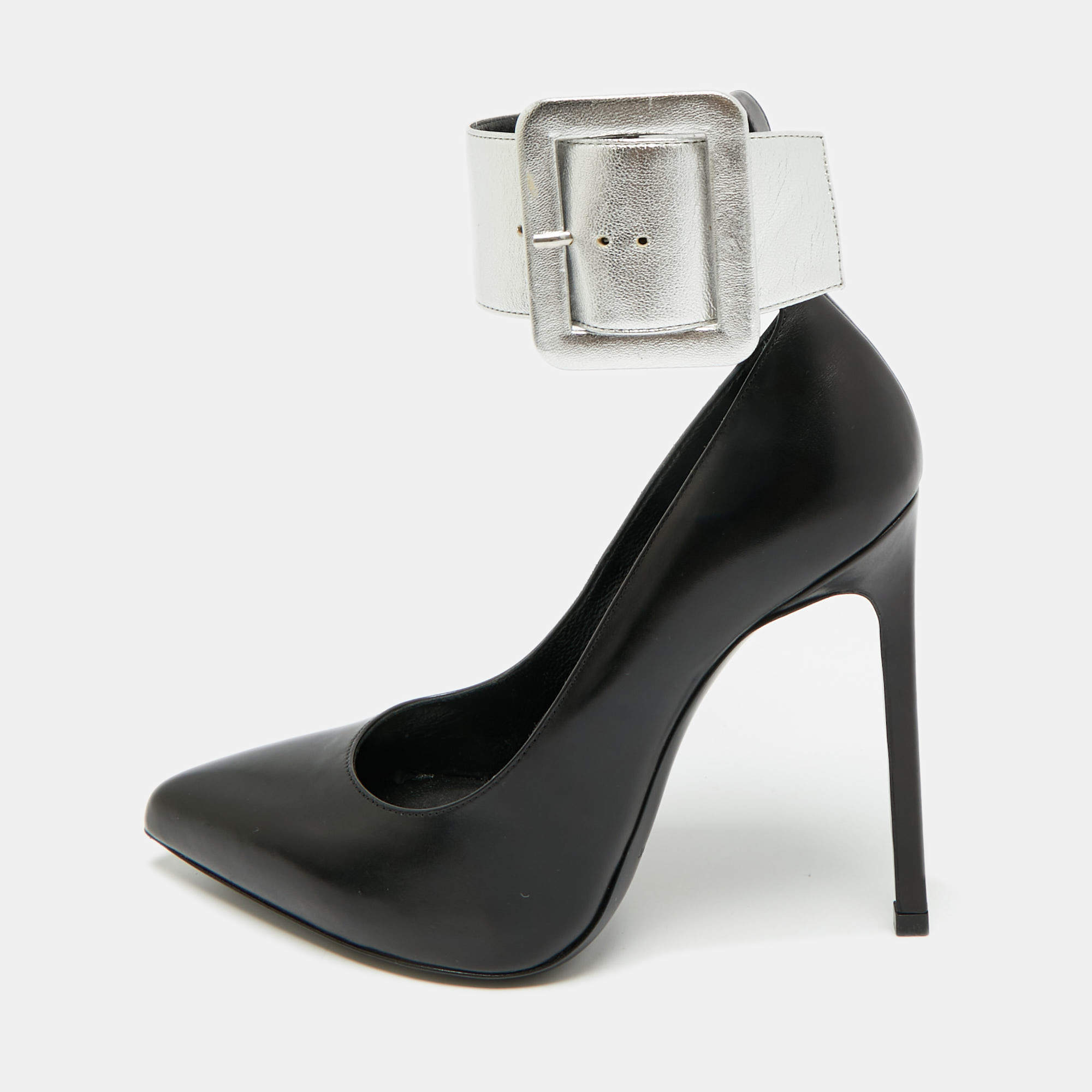 مملوكة مسبقًا حذاء كعب عالي سان لوران سوار الكاحل جلد أسود مقاس 35.5