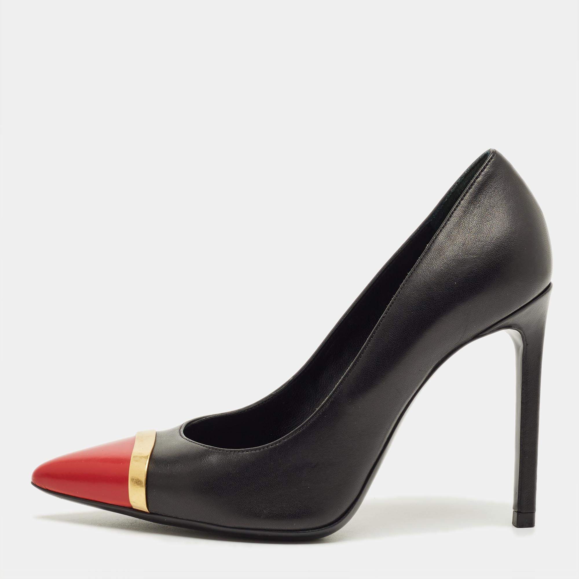 Pre Owned Saint Laurent Janis Size 35.5 Black/Red Leather Metal Trim Pointed Toe Pumps