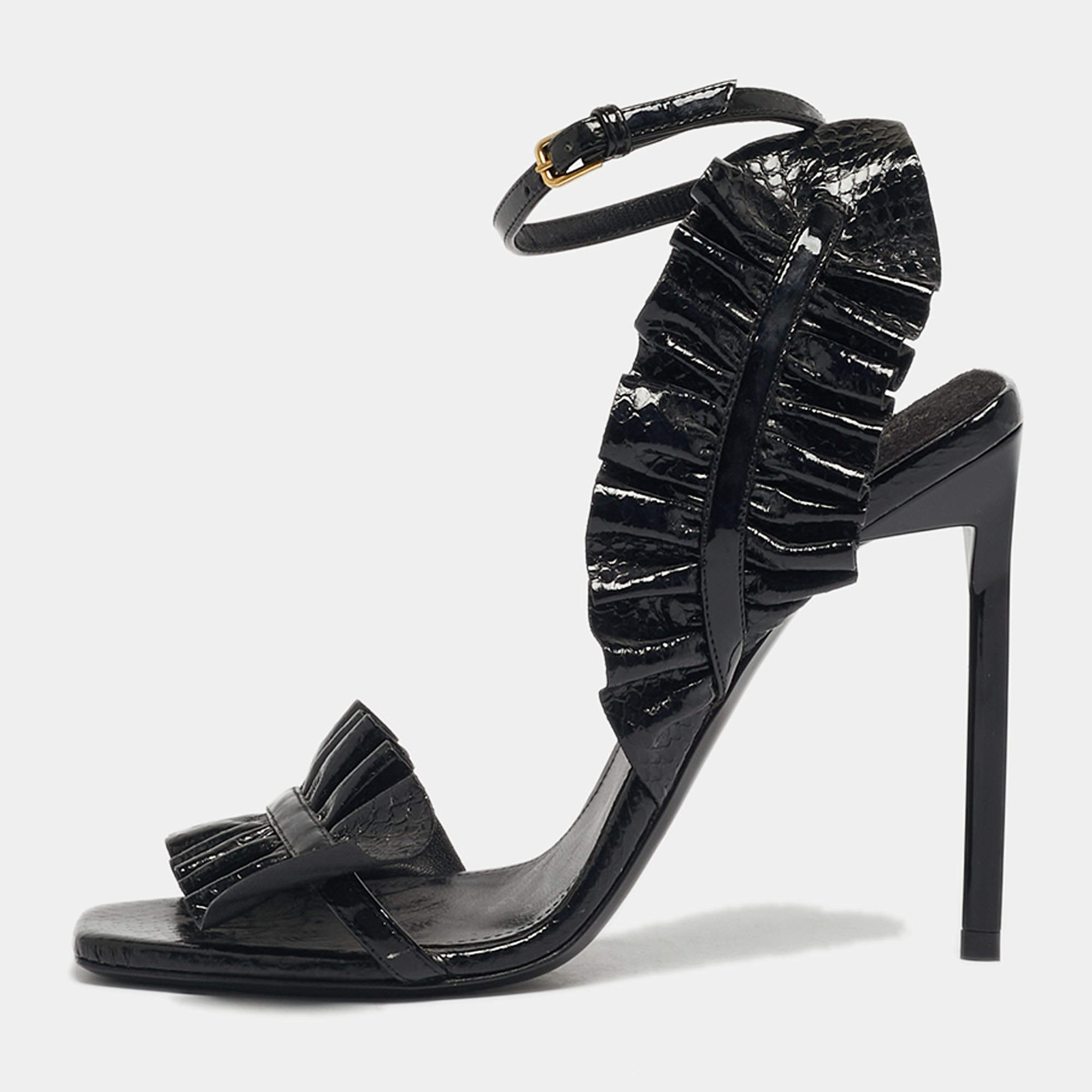 Pre Owned Saint Laurent Size 35 Black Snakeskin Embossed Patent Leather Ankle Strap Sandals