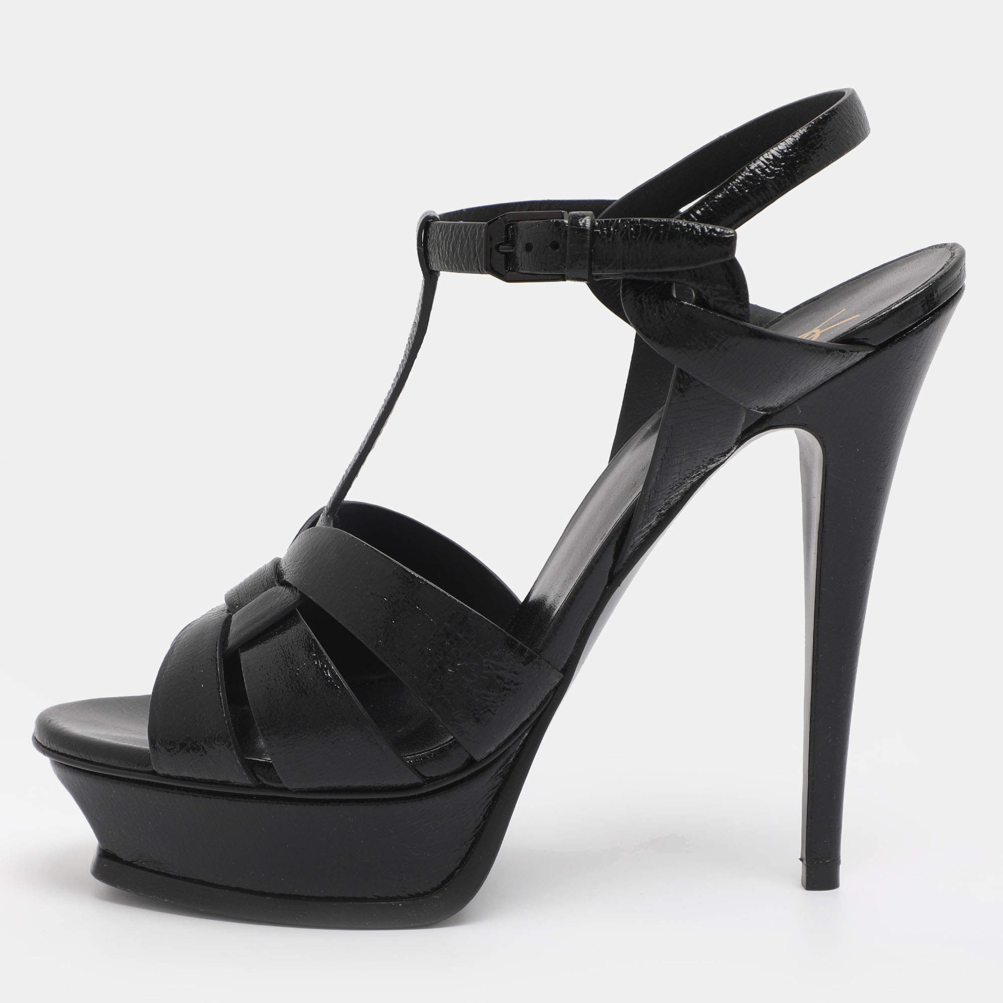 مملوكة مسبقًا Saint Laurent Paris Tribute Size 40 Black Patent Leather Platform Sandals