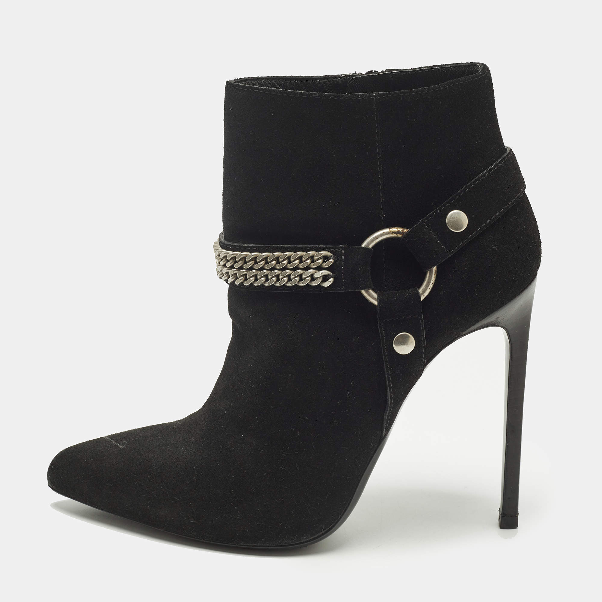مملوكة مسبقًا Saint Laurent Harness Chain Size 37.5 Black Suede Ankle Length Boots