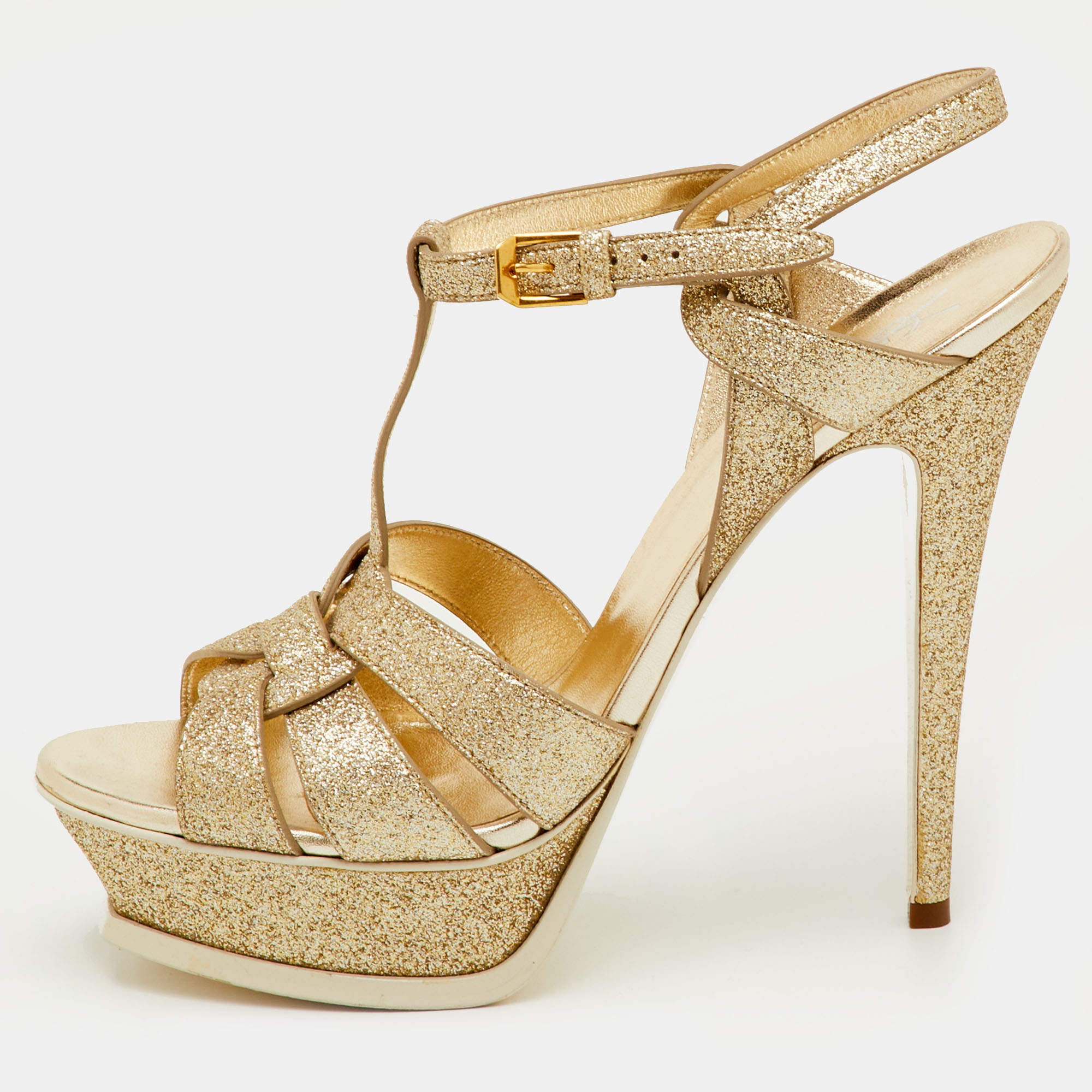 Pre Owned Saint Laurent Tribute Size 40.5 Metallic Gold Glitter Platform Sandals