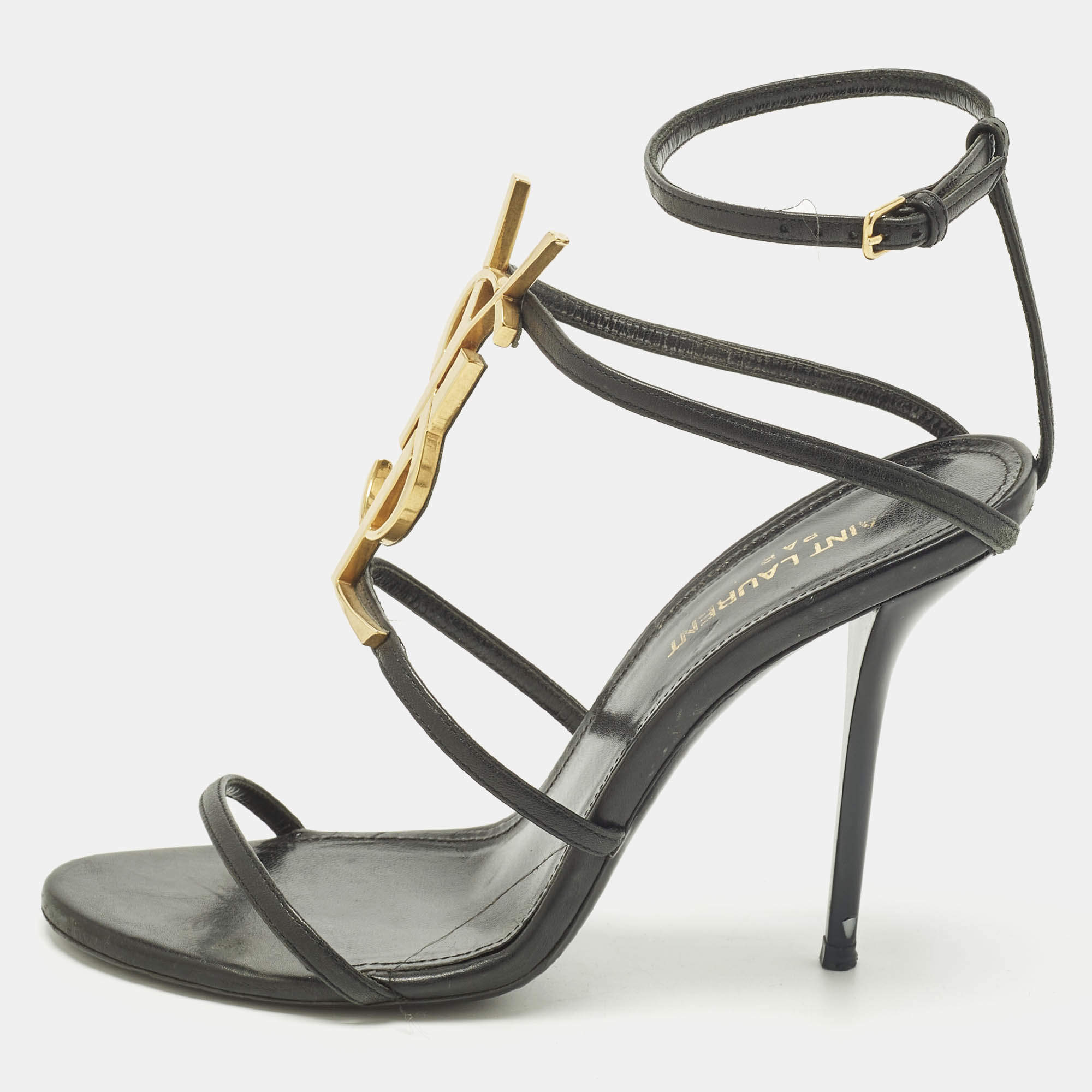 مملوكة مسبقًا Saint Laurent Cassandra Size 37 Black Patent Leather Ankle Strap Sandals