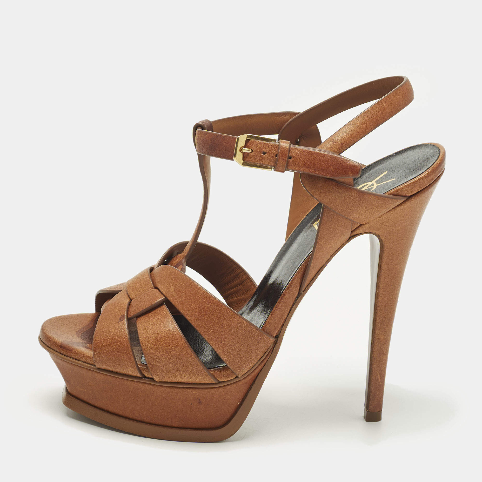 مملوكة مسبقًا Saint Laurent Tribute Size 37 Brown Leather Platform Sandals