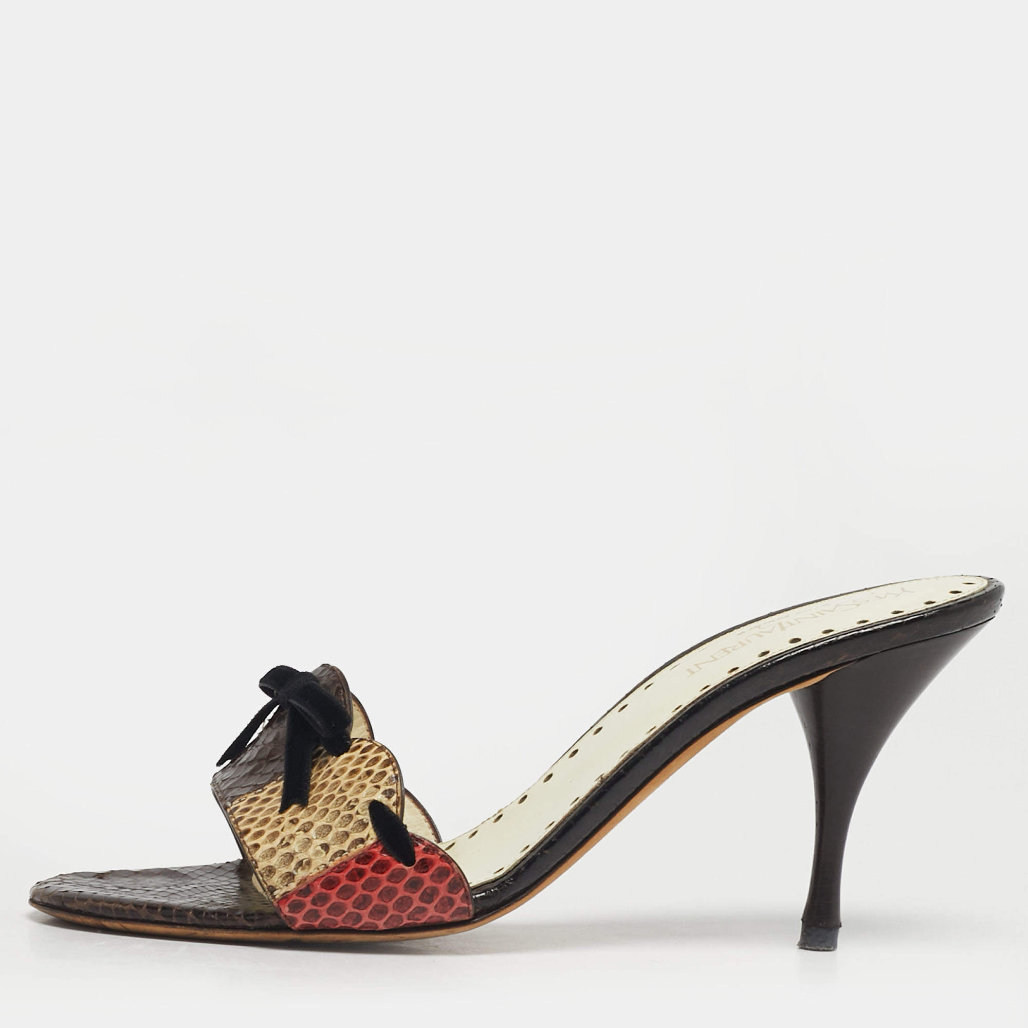 مملوكة مسبقًا Saint Laurent Size 38.5 Multicolor Snakeskin Leather Bow Slide Sandals