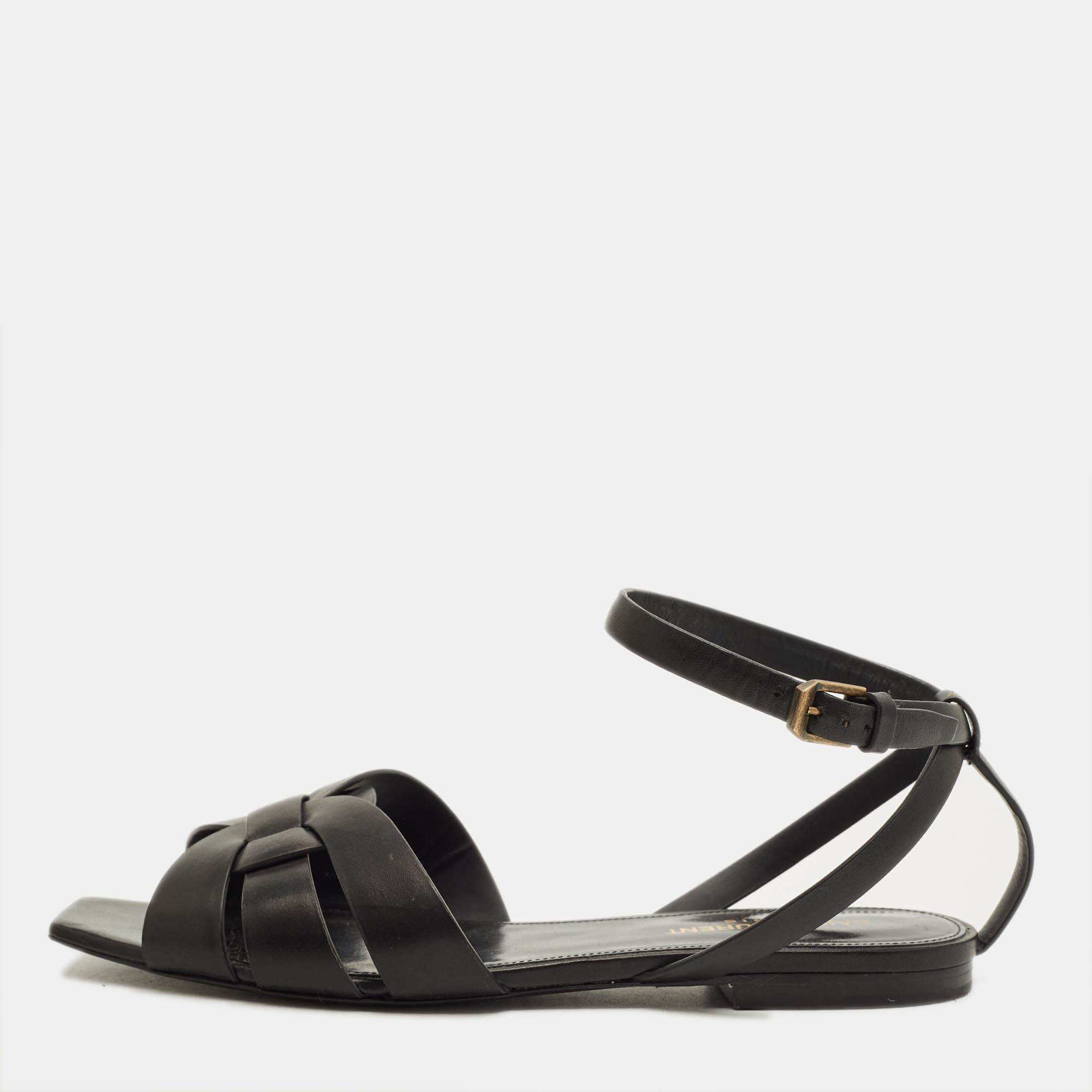 Pre Owned Saint Laurent Tribute Size 38 Black Leather Ankle Strap Flat Sandals
