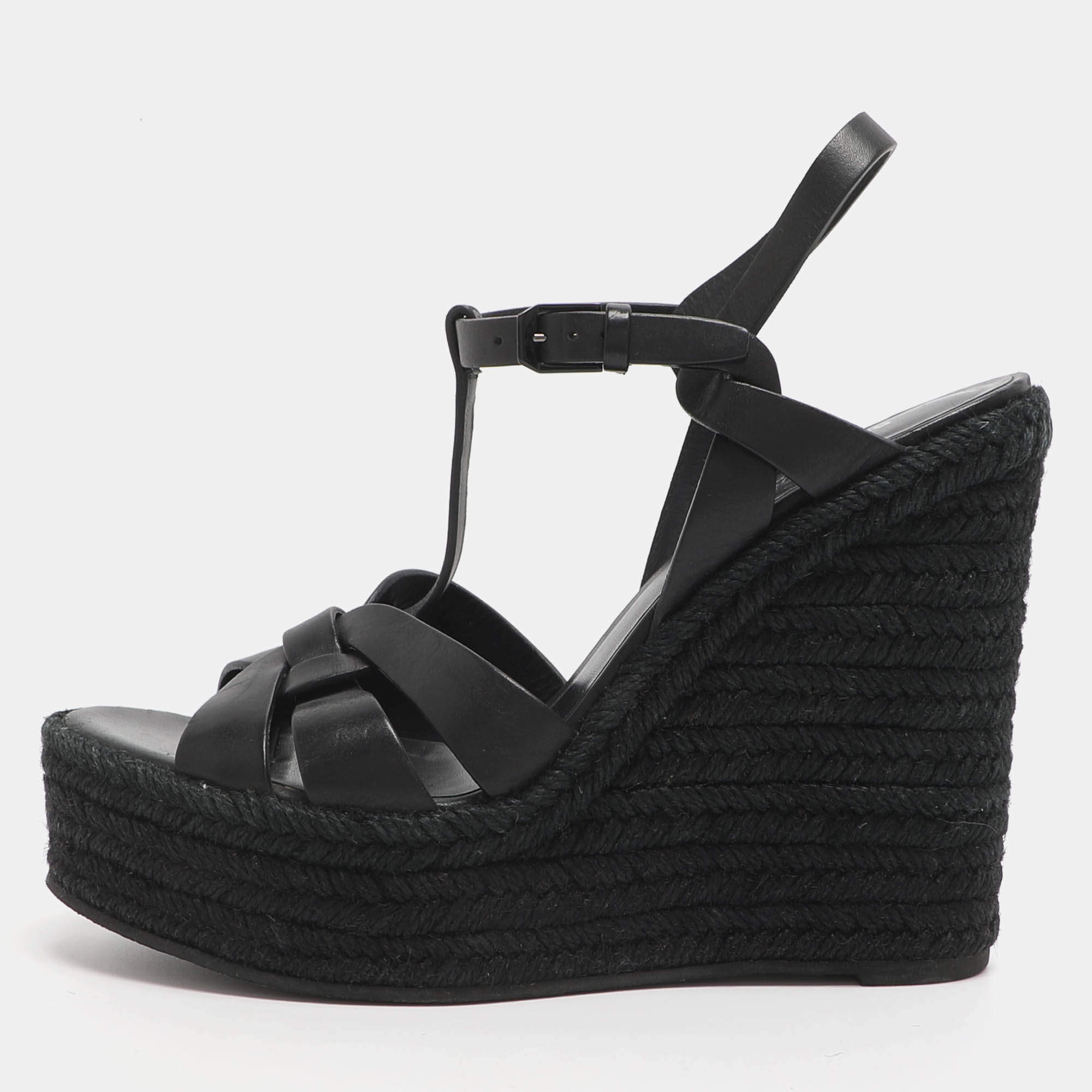 مملوكة مسبقًا Saint Laurent Black Leather Tribute Espadrille Wedge Sandals Size 39.5