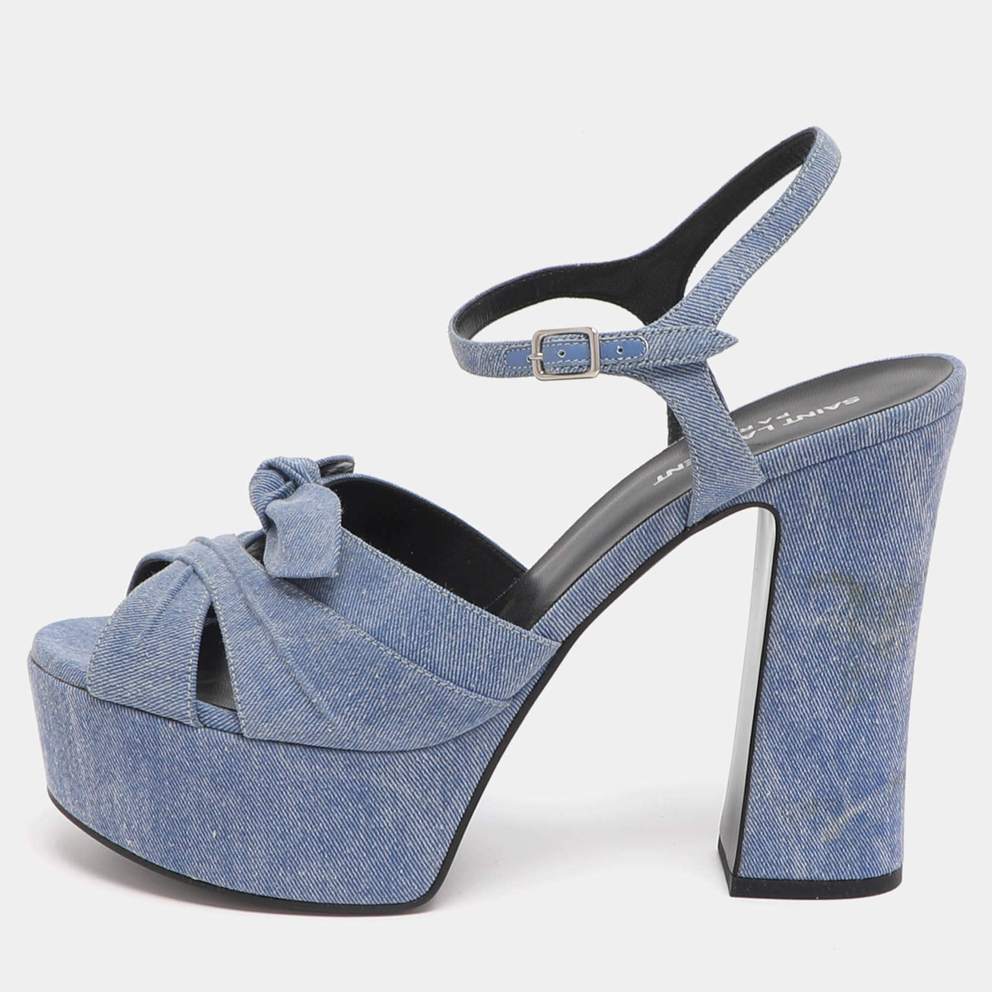Pre Owned Saint Laurent Paris Candy Size 39.5 Blue Denim Ankle Strap Platform Sandals