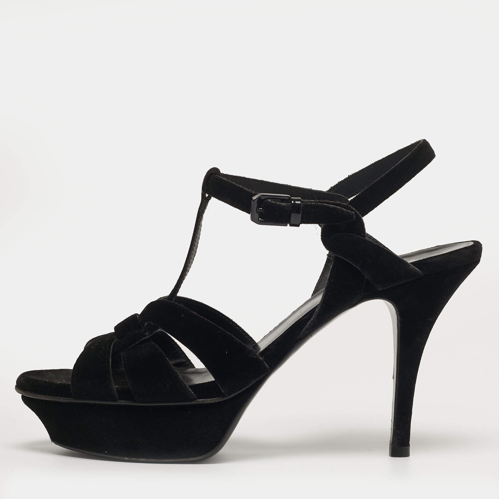 مملوكة مسبقًا Saint Laurent Tribute Size 38 Black Velvet Platform Sandals
