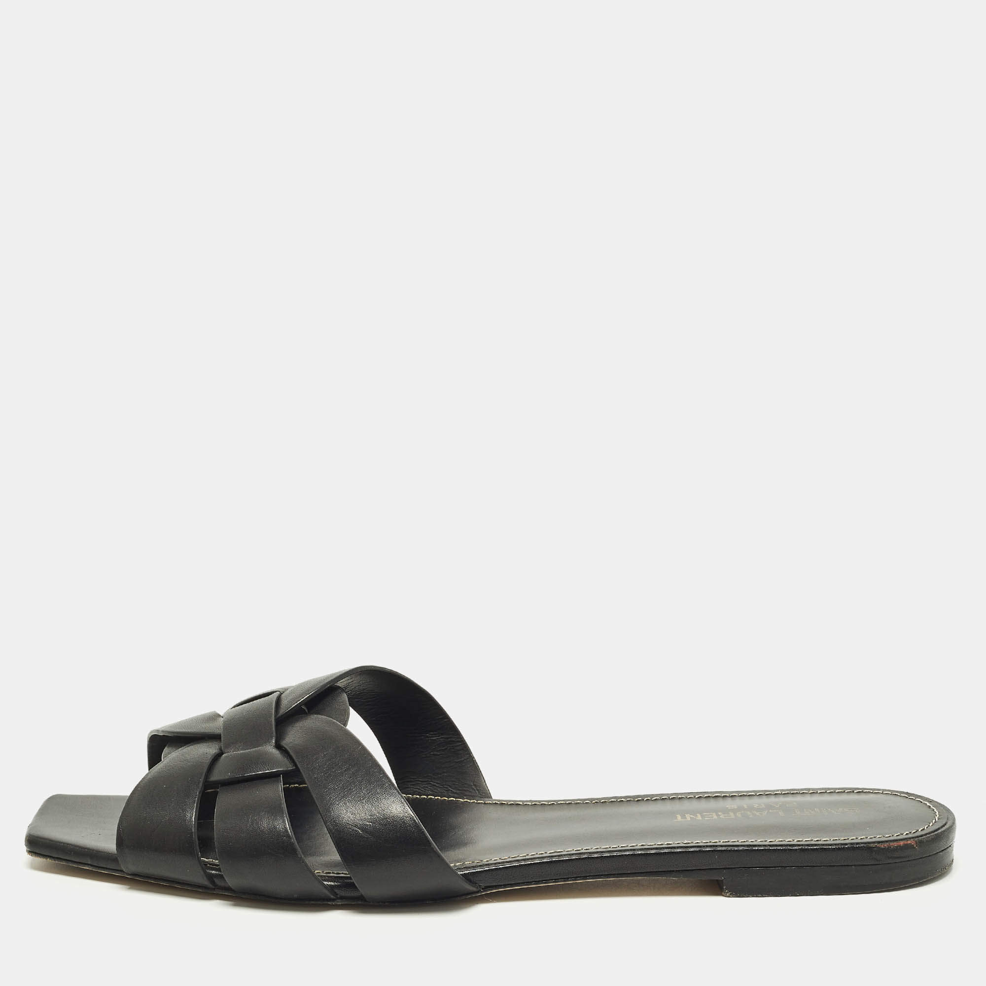 مملوكة مسبقًا Saint Laurent Paris Tribute Size 41.5 Black Leather Flat Slides