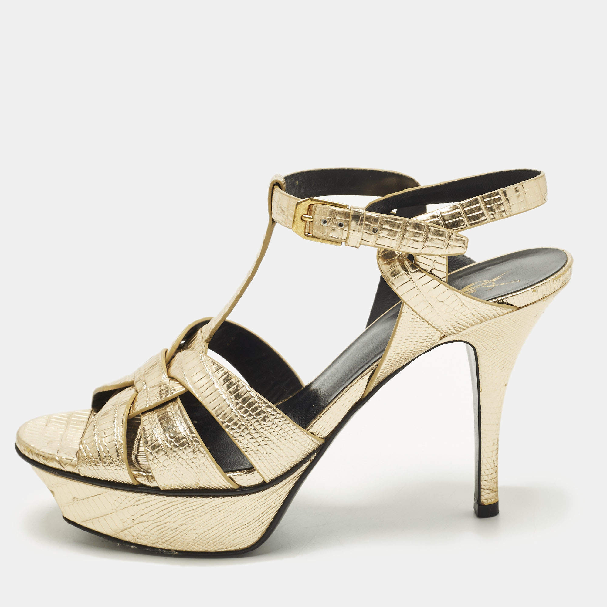 Pre Owned Saint Laurent Tribute Size 36 Gold Lizard Embossed Leather Platform Sandals